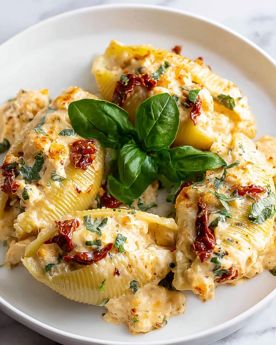 Four large pasta shells on a white plate are filled with creamy cheese mixed with small pieces of red sun-dried tomatoes. The shells have a golden-baked top layer with spots of melted cheese and herbs. Chopped fresh green basil is scattered over the shells, with a small bunch of whole basil leaves in the center. The plate sits on a white marbled surface. photo taken with an iphone --ar 4:5 --v 7