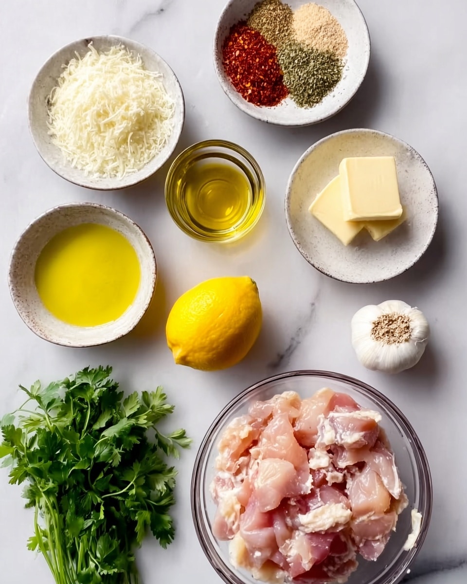 The image shows several small white bowls and ingredients arranged on a white marbled surface. At the bottom is a clear bowl filled with raw pieces of light pink chicken. Above it, from left to right, are a white bowl with grated white cheese, a white bowl with a mix of red and beige spices, a small glass bowl with yellow olive oil, a bunch of fresh green cilantro, a white bowl holding two pieces of pale yellow butter, a whole bright yellow lemon, and a small garlic bulb. The colors are soft and natural, and the scene is bright with a clean, fresh look. Photo taken with an iphone --ar 4:5 --v 7