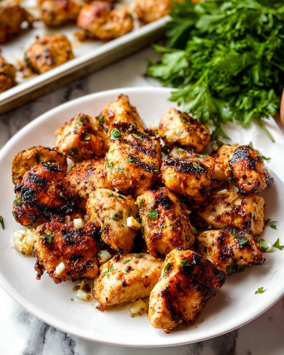 This image shows a white round plate filled with grilled golden-brown chicken pieces that have a slightly charred texture and bits of green herbs sprinkled on top. The chicken chunks are layered closely together, showing a mix of crisp edges and tender surfaces with small white garlic pieces scattered among them. Behind the plate is a sprig of fresh green parsley resting on a white marbled surface, with part of a baking tray holding more chicken visible in the background. The whole scene is bright and clear, focusing on the savory grilled chicken. photo taken with an iphone --ar 4:5 --v 7