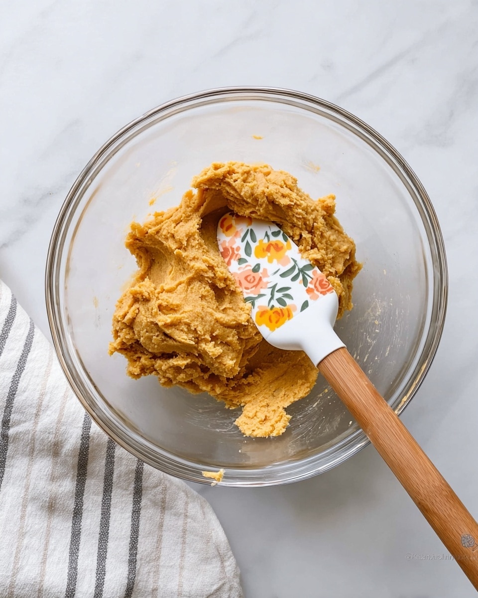 A clear glass bowl sits on a white marbled surface. Inside the bowl, there is one main layer of thick, golden brown dough with a rough texture, packed in a clumped form. Resting inside the dough is a spatula with a wooden handle and a white silicone head decorated with orange, yellow, and green floral patterns. A striped cloth with white and gray lines is placed next to the bowl on the bottom left corner. photo taken with an iphone --ar 4:5 --v 7