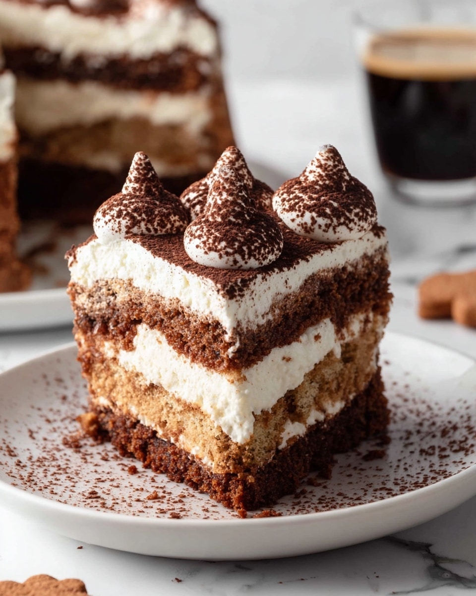 A slice of layered tiramisu cake sits on a white plate with crumbs scattered around. The cake has four visible layers: a dark brown coffee-soaked cake base, a thick light brown cream layer, another dark brown cake layer, and a thick white creamy layer on top. The top is decorated with several dollops of white cream dusted richly with dark cocoa powder. The background features a white marbled surface with blurred cake and a glass of dark coffee visible. Photo taken with an iphone --ar 4:5 --v 7