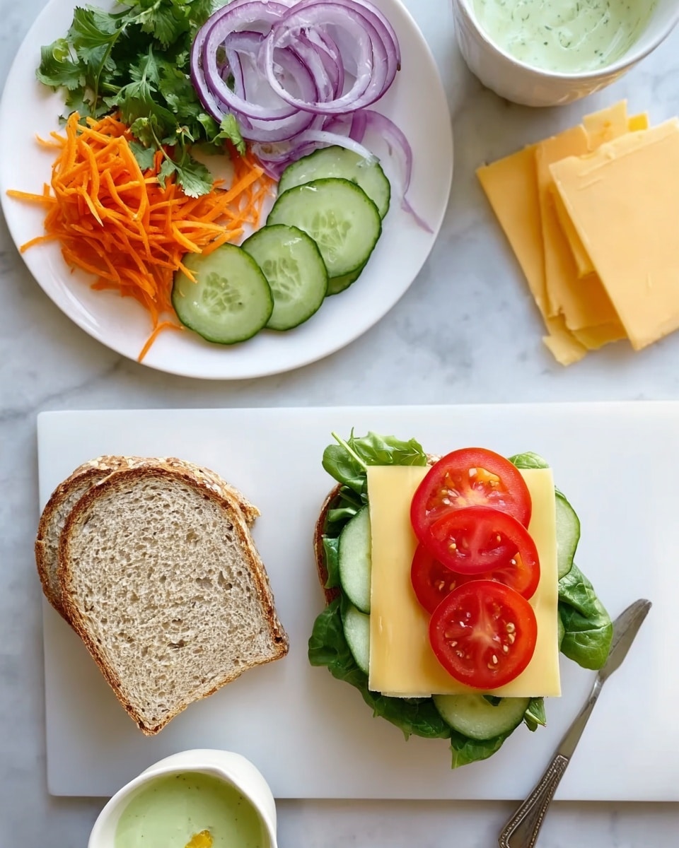 The image shows an open sandwich on a white cutting board placed on a white marbled surface. The sandwich has a bottom layer of leafy greens, topped with sliced cucumbers, a slice of light yellow cheese, and four thin red tomato slices neatly layered on top. Next to the sandwich sits a slice of brown bread with visible grain texture. Above the cutting board is a white round plate holding fresh shredded orange carrots, thinly sliced purple onions, sprigs of green cilantro, slices of cucumber, and a single tomato slice. To the side of the plate, there is a white bowl with a light green creamy sauce and a spoon inside. A stack of yellow cheese slices is also seen in the top right corner. Photo taken with an iphone --ar 4:5 --v 7