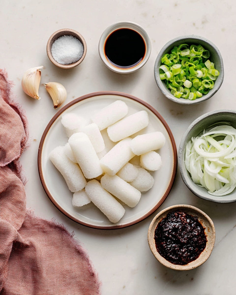 A white plate with a brown rim holds many white, cylindrical rice cakes arranged in a slightly overlapping manner. Surrounding the plate are small white bowls placed on a white marbled surface: one contains a dark brown soy sauce, another holds bright green chopped scallions, a gray bowl has thinly sliced white onions, another bowl is filled with a dark, shiny, thick paste, and a small brown bowl holds white sugar. Two garlic cloves rest near the scallions, and there is a crumpled pink cloth to the left side. The overall setup is neat and colorful. photo taken with an iphone --ar 4:5 --v 7