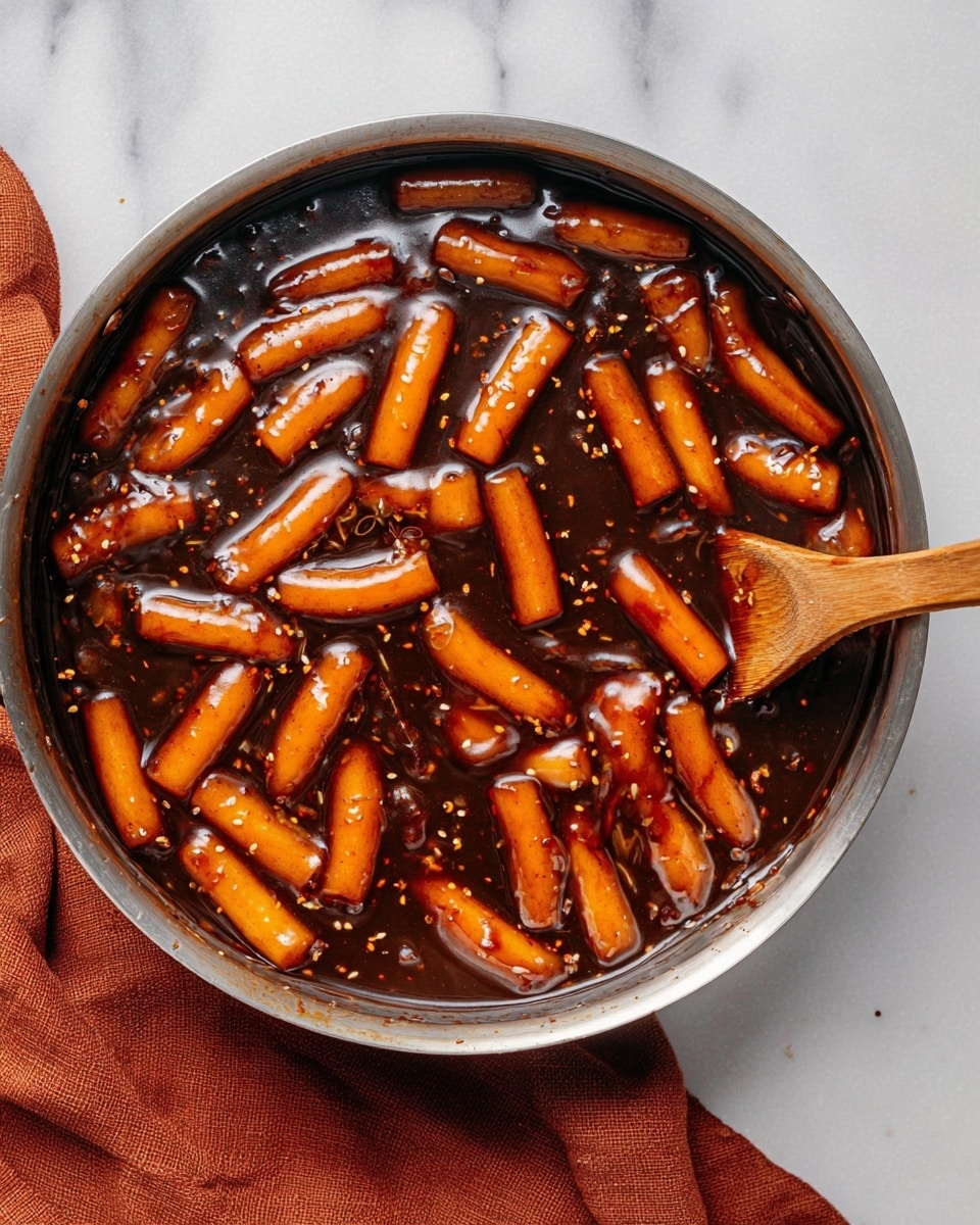 This image shows a metal pan filled with a dark, glossy sauce and many orange rice cakes floating in it. The sauce has a shiny, thick texture with small bits of spices visible throughout. The orange rice cakes are cylindrical and smooth, evenly coated with the sauce. A wooden spoon is partially submerged on the right side, resting inside the sauce. The pan is placed on a white marbled surface with a folded rust-colored cloth underneath it. photo taken with an iphone --ar 4:5 --v 7