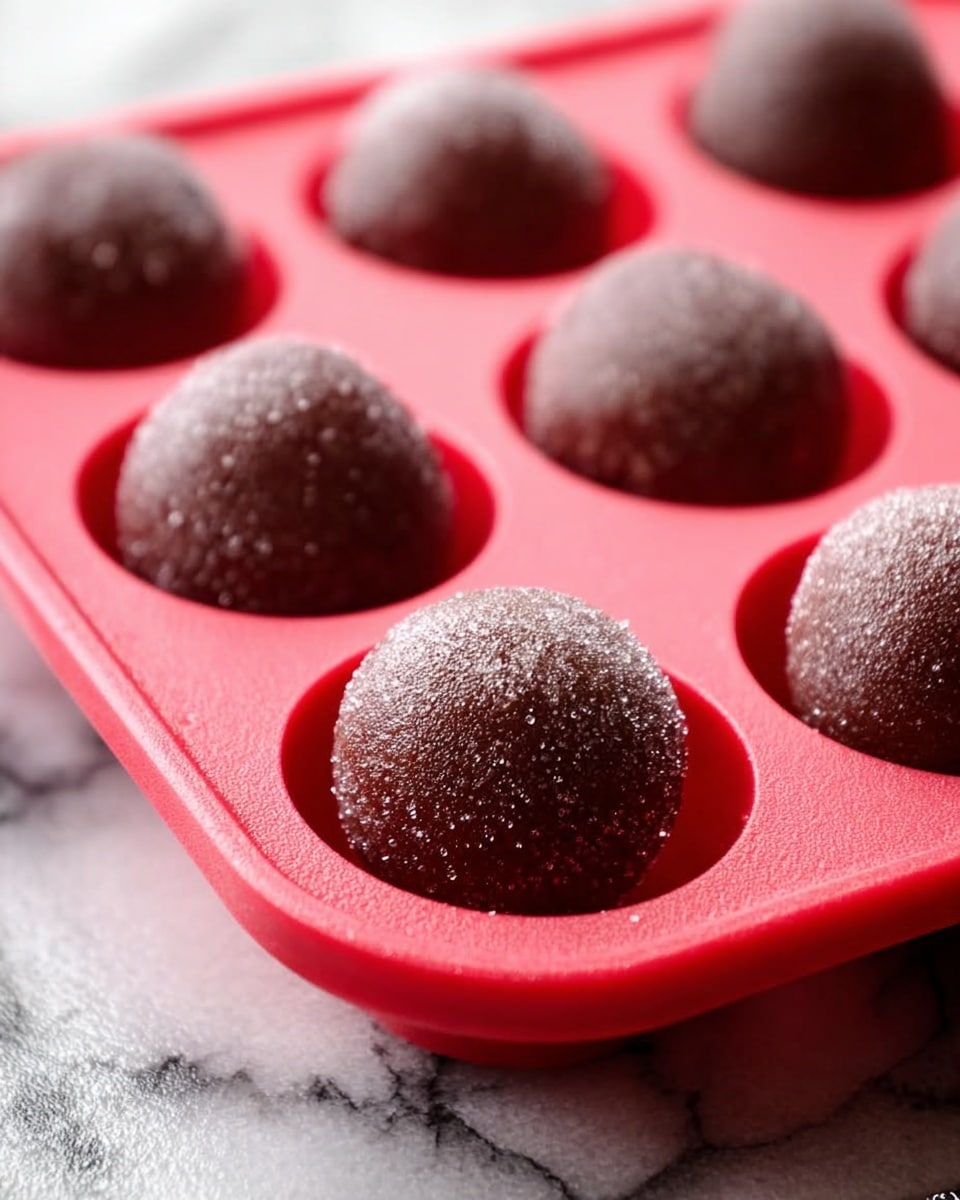 The image shows a close-up of a red silicone mold with six cavities, each holding a single round, dark brown ball covered lightly with sugar crystals. The balls have a smooth texture with a slight sparkle from the sugar. The red mold is placed on a surface with a white marbled texture that contrasts with the mold's vibrant color. The balls sit snugly inside the shallow cavities of the mold, arranged evenly in two rows of three. The focus is on the front cavity, where the dark brown ball is centered clearly. Photo taken with an iphone --ar 4:5 --v 7