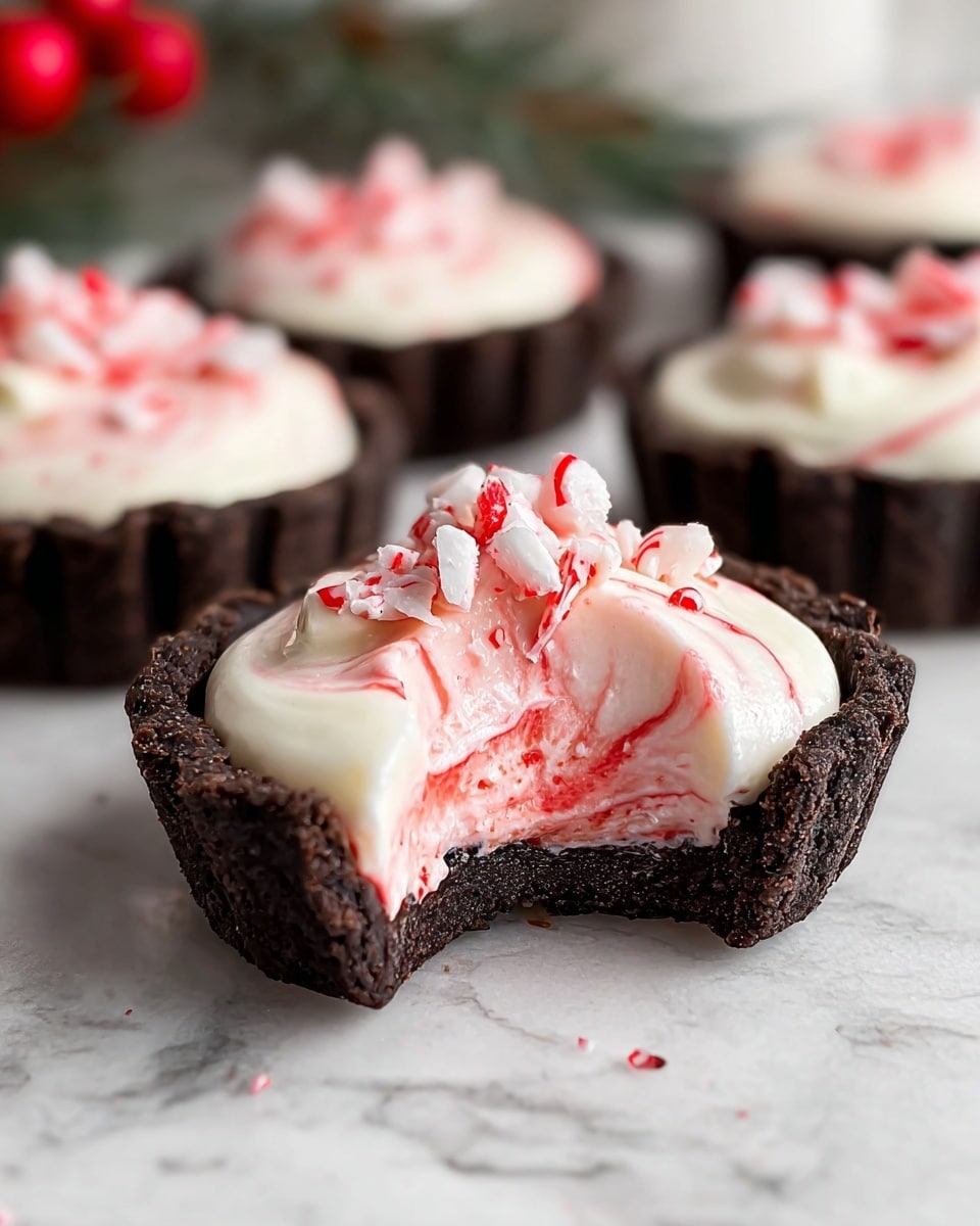 The image shows a close-up of a small dark brown chocolate tart shell filled with creamy white and pink swirled filling. The filling has a soft texture with a smooth top layer like whipped cream or mousse. On top of the tart, there are small crushed pieces of red and white candy sprinkled. The tart has a bite taken out of it, showing the thickness of the dark chocolate crust and the creamy filling inside. In the background, there are several similar tarts slightly out of focus, placed on a white marbled surface with soft natural light. Photo taken with an iphone --ar 4:5 --v 7