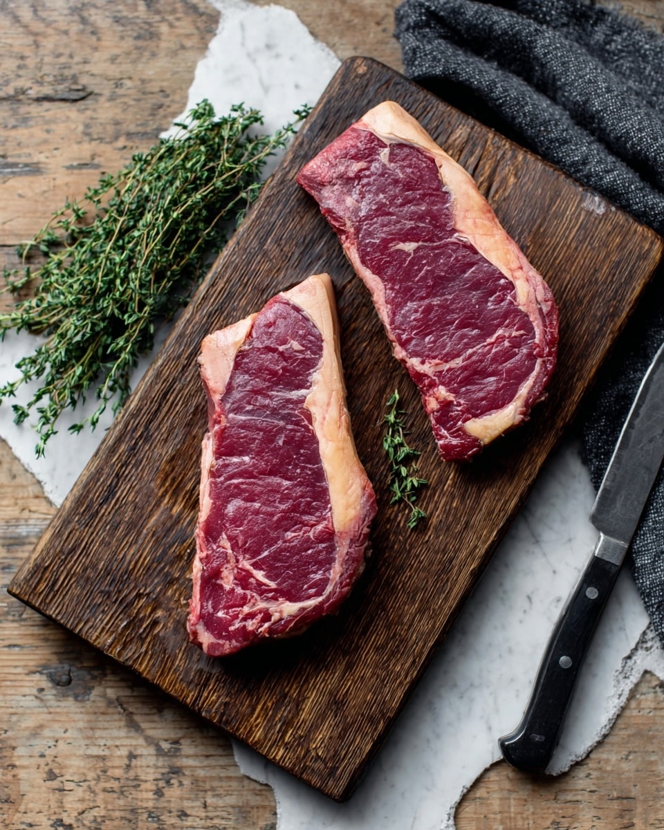 Two raw steaks with deep red meat and white fat edges lie on a dark wooden board. The board is placed on a white marbled textured surface. Next to the steaks is a bunch of green thyme herbs on the left side and a knife with a black handle on the bottom right. A dark gray cloth is partially visible near the top right corner of the board. photo taken with an iphone --ar 4:5 --v 7