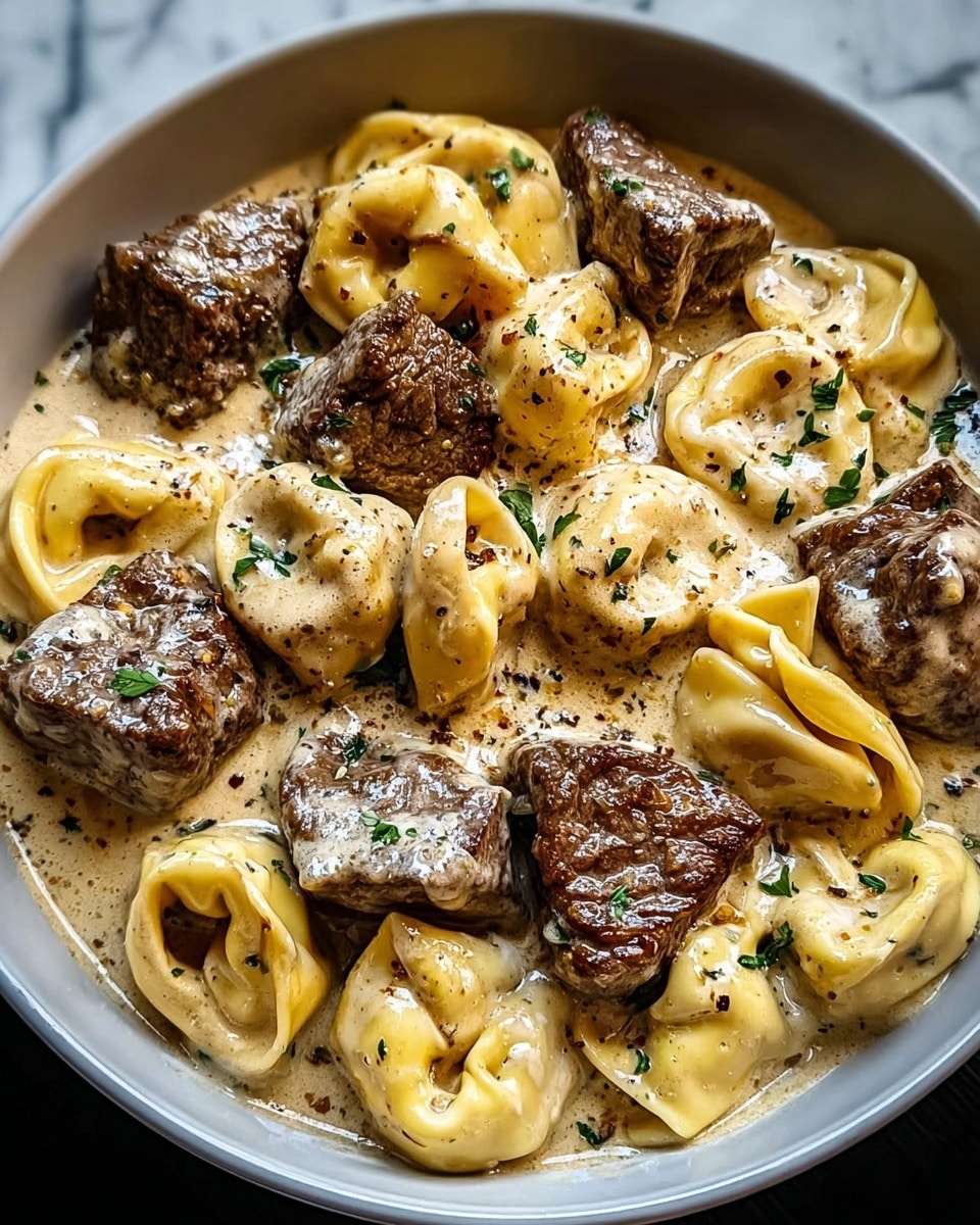 A close-up view of a dish in a white bowl filled with creamy sauce that has a light beige color and smooth texture. Inside the sauce are folded tortellini pasta with a pale yellow color, scattered throughout the bowl. Large browned beef chunks with a slightly seared texture sit mixed with the pasta. The dish is sprinkled with small green herb pieces and cracks of black pepper, adding contrast. The creamy sauce glistens and coats the pasta and meat evenly. The bowl is set on a white marbled surface. Photo taken with an iphone --ar 4:5 --v 7