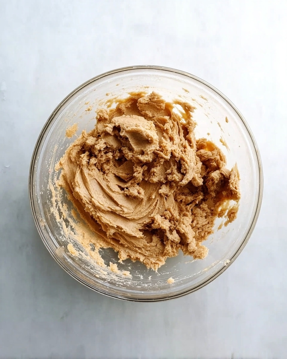 A clear glass bowl filled with light brown, soft, and slightly lumpy dough mixed with darker brown specks, sitting on a white marbled surface. The dough shows a thick and creamy texture with some visible folds and swirls from stirring. The bowl is viewed from above, with some dough slightly sticking to the sides. photo taken with an iphone --ar 4:5 --v 7
