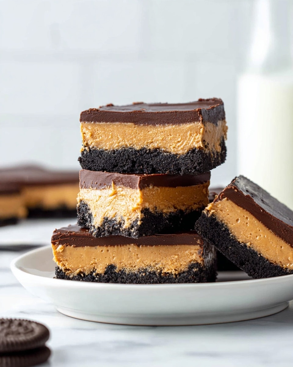 The image shows a plate with four layered dessert bars, each with three clear layers: the bottom layer is dark and crumbly, resembling a chocolate cookie crust; the middle layer is thick and creamy with a light brown, peanut butter color and smooth texture; the top layer is a thin, shiny, dark brown chocolate coating. The dessert bars are stacked with some leaning on others on a plain white plate, placed on a white marbled surface with a faintly blurred background. There is a glass of milk in the background and part of a chocolate sandwich cookie visible on the left side of the frame. photo taken with an iphone --ar 4:5 --v 7