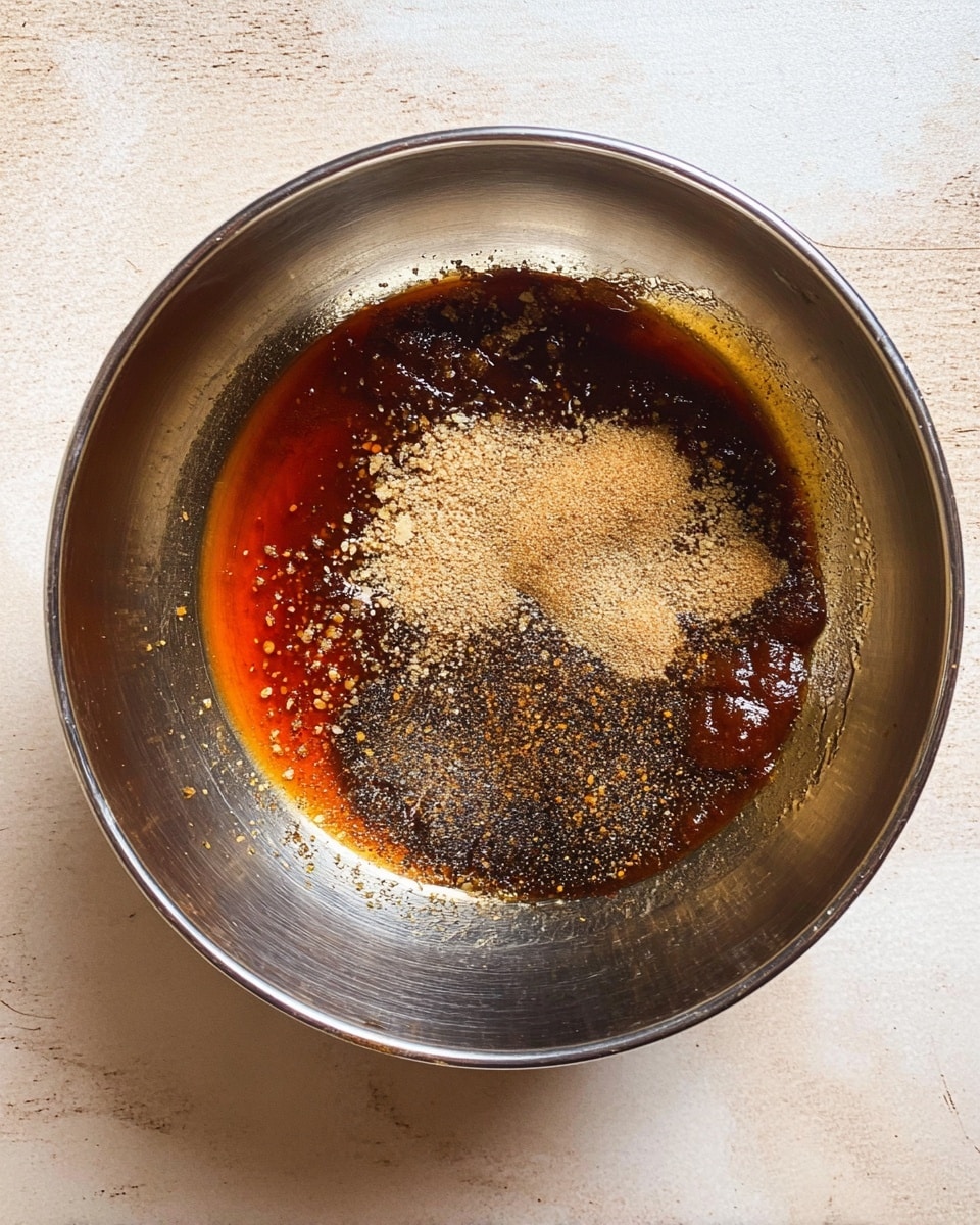A shiny silver mixing bowl sits on a white marbled surface, filled with layers of sauce ingredients. The bottom layer is a thick, dark brown paste surrounded by a ring of reddish-orange liquid. On top of these layers, there is a sprinkling of light tan powder and darker granules scattered unevenly, adding texture to the sauce. The inside surface of the bowl reflects light softly, highlighting the mix of colors and textures within. photo taken with an iphone --ar 4:5 --v 7