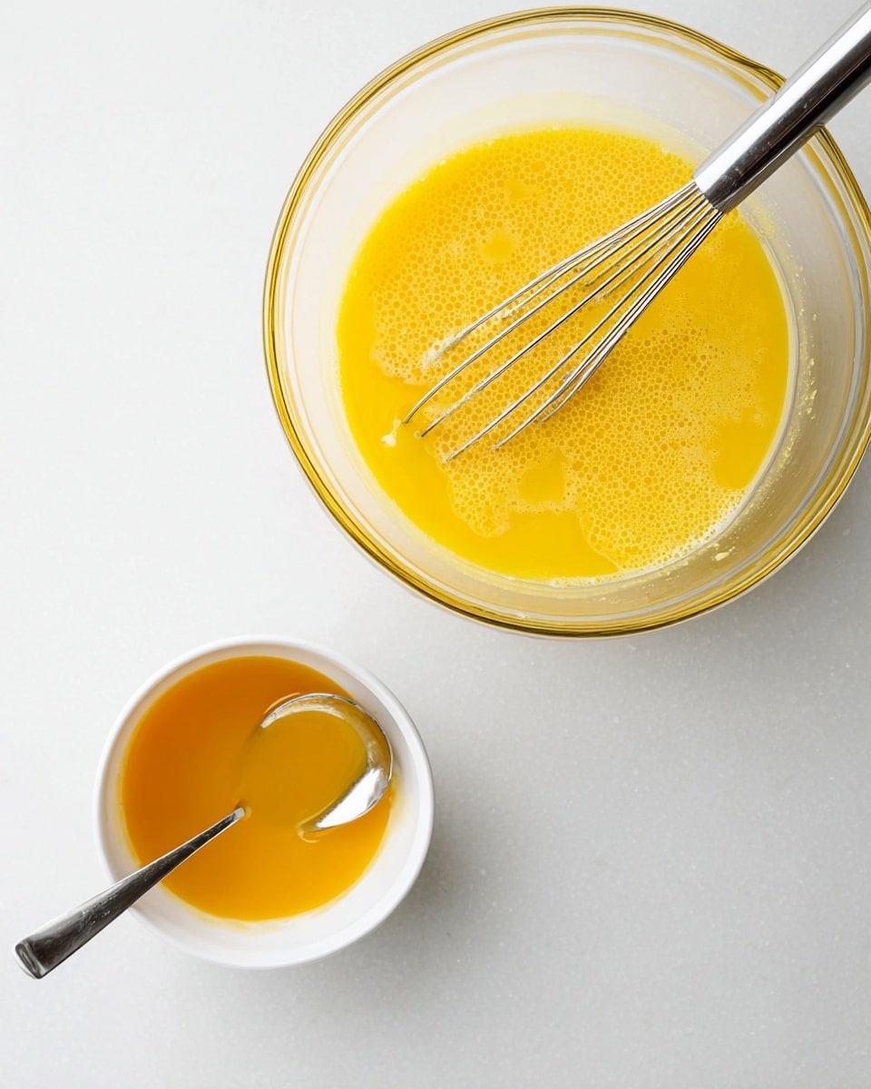 The image shows two clear glass bowls on a white marbled surface. The larger bowl is filled with a bright yellow beaten egg mixture with bubbles on the surface, and a silver whisk is resting inside it. Below and to the left is a smaller bowl holding a darker yellow-orange liquid, thicker in texture, with a silver spoon placed inside the bowl. The bowls and utensils are evenly lit, highlighting the smooth liquid textures and shiny metal. photo taken with an iphone --ar 4:5 --v 7
