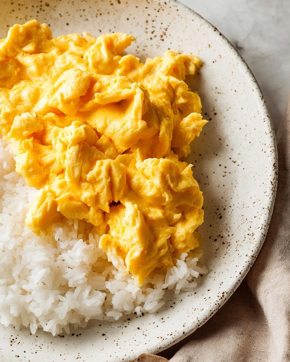 A close-up of a white speckled plate with a bed of white steamed rice on the right side and fluffy, bright yellow scrambled eggs placed on top and slightly overlapping the rice, showing soft and creamy texture with small folds and curves. The plate is on a light beige cloth, all set against a white marbled texture background. photo taken with an iphone --ar 4:5 --v 7