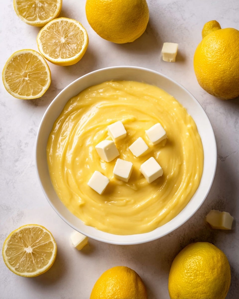 A white bowl filled with smooth, thick yellow lemon curd swirled gently on top, with several small cubes of pale yellow butter scattered over the surface. Surrounding the bowl on a white marbled surface are whole bright yellow lemons, and two lemons cut in half showing their juicy, glistening interiors. Photo taken with an iphone --ar 4:5 --v 7