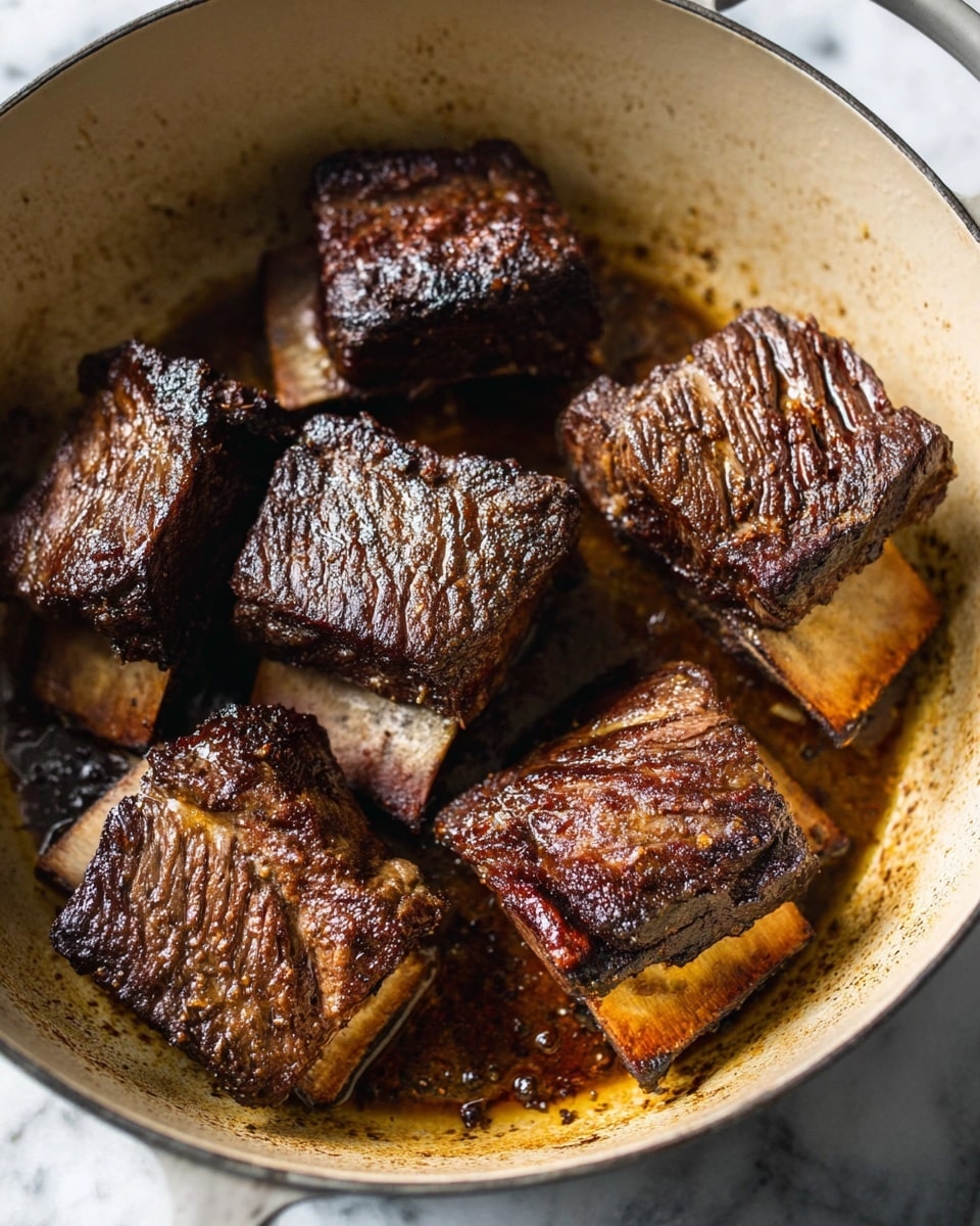 The image shows five pieces of cooked beef ribs in a light-colored pot. Each rib piece is thick and has a dark brown, crispy outer layer with visible grill marks, giving a textured, slightly rough surface. The bottom of the pot has a thin layer of browned juices and small bits of cooked meat residue, adding a glossy, rich look around the ribs. The ribs are arranged closely but not touching, with their bones partially visible, giving a natural, hearty feel. The pot sits on a white marbled surface. photo taken with an iphone --ar 4:5 --v 7