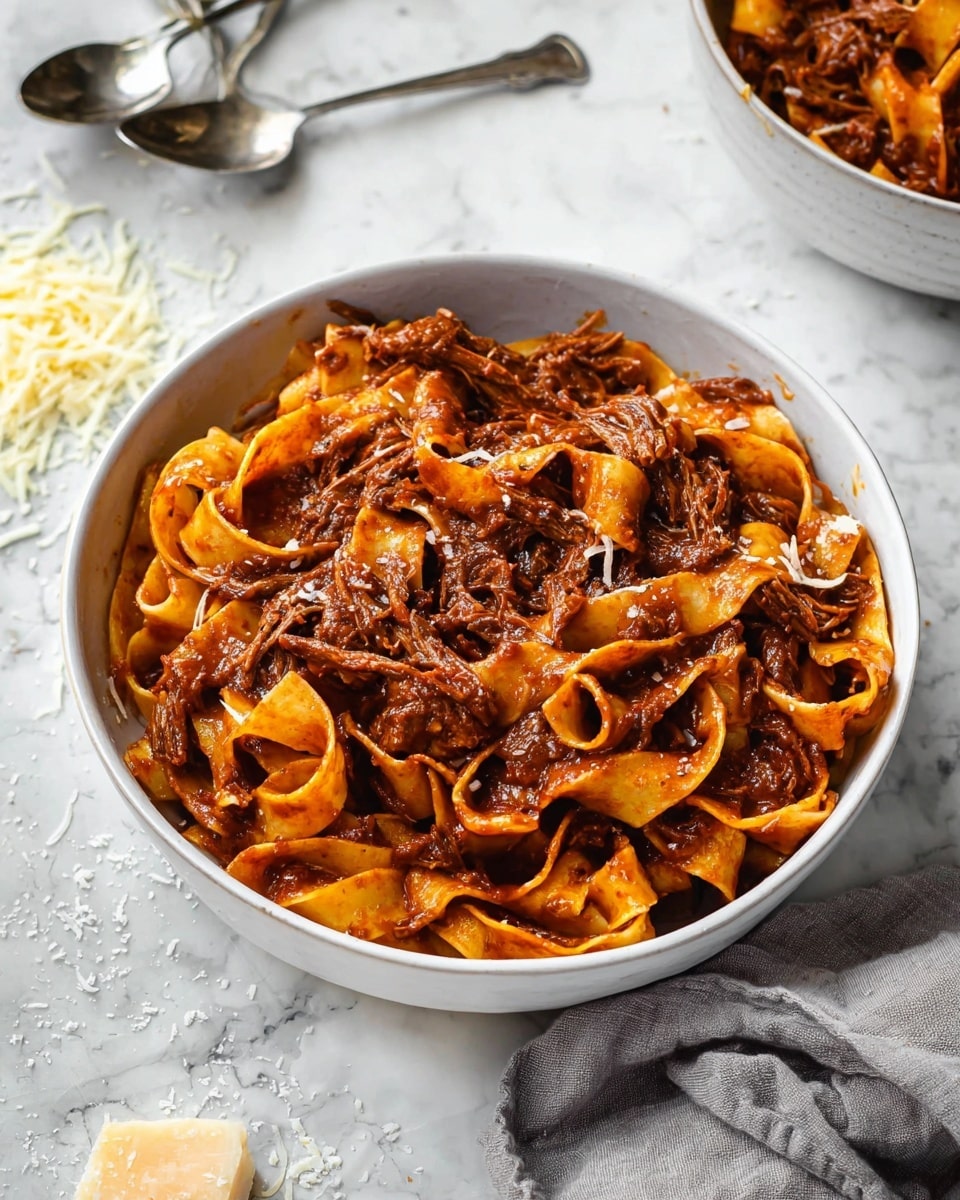 A white bowl filled with wide, flat pasta ribbons covered in a thick, rich dark reddish-brown sauce with visible chunks of shredded meat mixed throughout. The pasta looks soft and coated evenly with the sauce, creating a hearty and textured appearance. Another white bowl with a similar pasta dish is partly visible in the background on the right side. The setting includes a white marbled surface with a small pile of shredded cheese on the left and large silver serving utensils near the top left corner. A soft gray cloth is placed near the bottom right corner. The photo taken with an iphone --ar 4:5 --v 7
