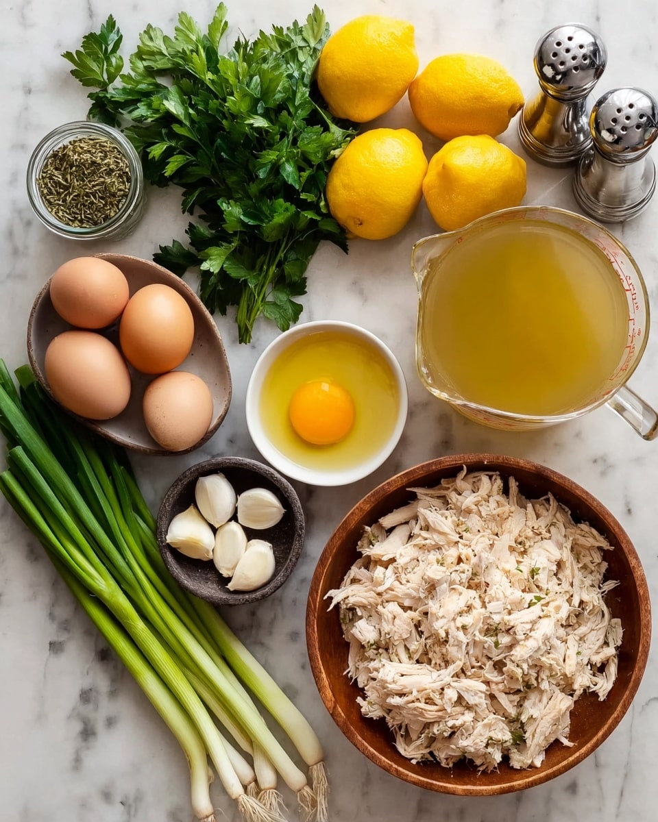 The image shows a white marbled surface with various cooking ingredients arranged neatly. At the bottom right, a wooden bowl is filled with shredded cooked chicken, light beige in color and soft in texture. To the left of it, a small glass jar holds dried green herbs. Above the jar, three bright yellow lemons provide a pop of color next to a small clear glass bowl with light yellow olive oil. Moving further left, a small dark bowl contains three white garlic cloves, next to a bundle of fresh green onions with long white and green stalks. Above the garlic, fresh leafy parsley with dark green leaves adds more color. Toward the top left, two brown eggs sit next to a small white bowl with two bright yellow egg yolks. On the top right, a large clear glass measuring cup filled with light golden broth completes the arrangement, with two silver and black salt and pepper grinders beside it. All items rest on the clean white marbled surface. Photo taken with an iphone --ar 4:5 --v 7