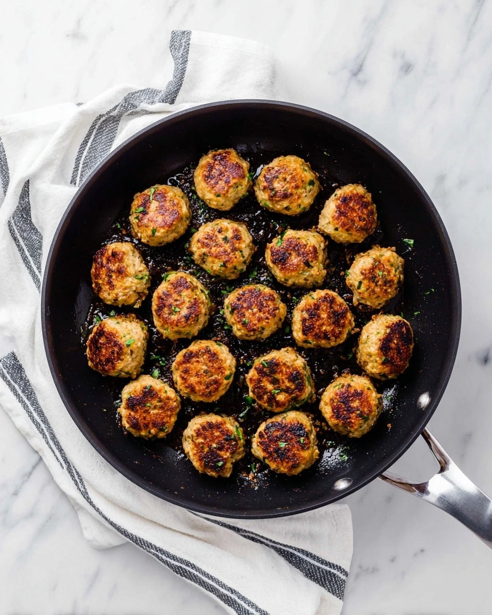 A black pan filled with 16 small round golden-brown meatballs arranged in a circle and in the middle, with visible green herbs inside the meatballs and some browned spots from cooking, sitting on a white marbled surface with a white cloth with black stripes nearby photo taken with an iphone --ar 4:5 --v 7