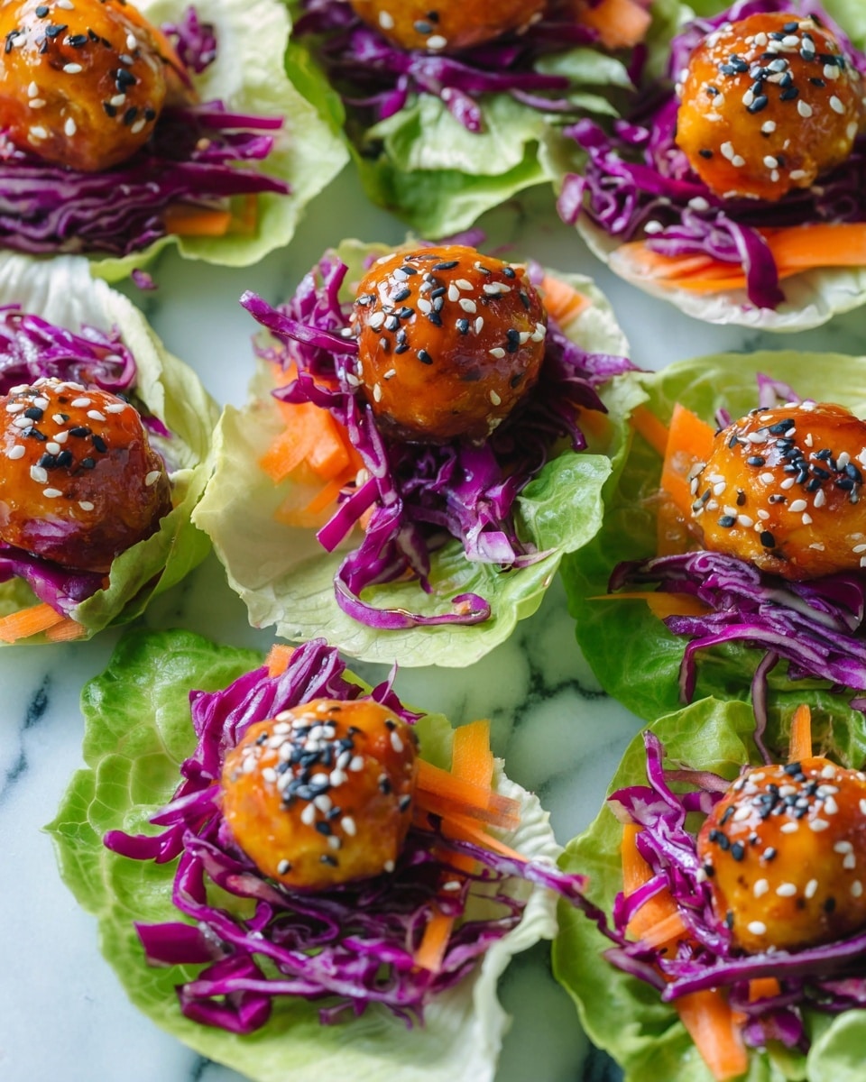 The image shows several small wraps made with light green lettuce leaves as the base layer, holding bright purple shredded cabbage and thin orange carrot strips as the second layer. On top of these vegetables, there are small, round pieces of glossy orange glazed meat, sprinkled with black and white sesame seeds. The wraps are arranged closely together on a white marbled surface, creating a colorful and fresh look. photo taken with an iphone --ar 4:5 --v 7