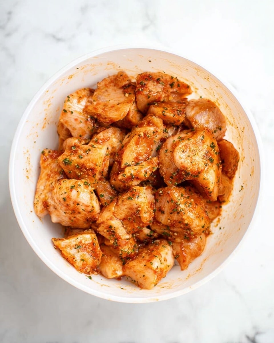 The image shows a white bowl filled with raw chicken pieces that are coated with a reddish-orange marinade and sprinkled with green herbs. The chicken pieces are uneven shapes and placed in a loose pile inside the bowl. The bowl sits on a white marbled surface, and the seasoning on the chicken gives it a slightly shiny and textured look. photo taken with an iphone --ar 4:5 --v 7