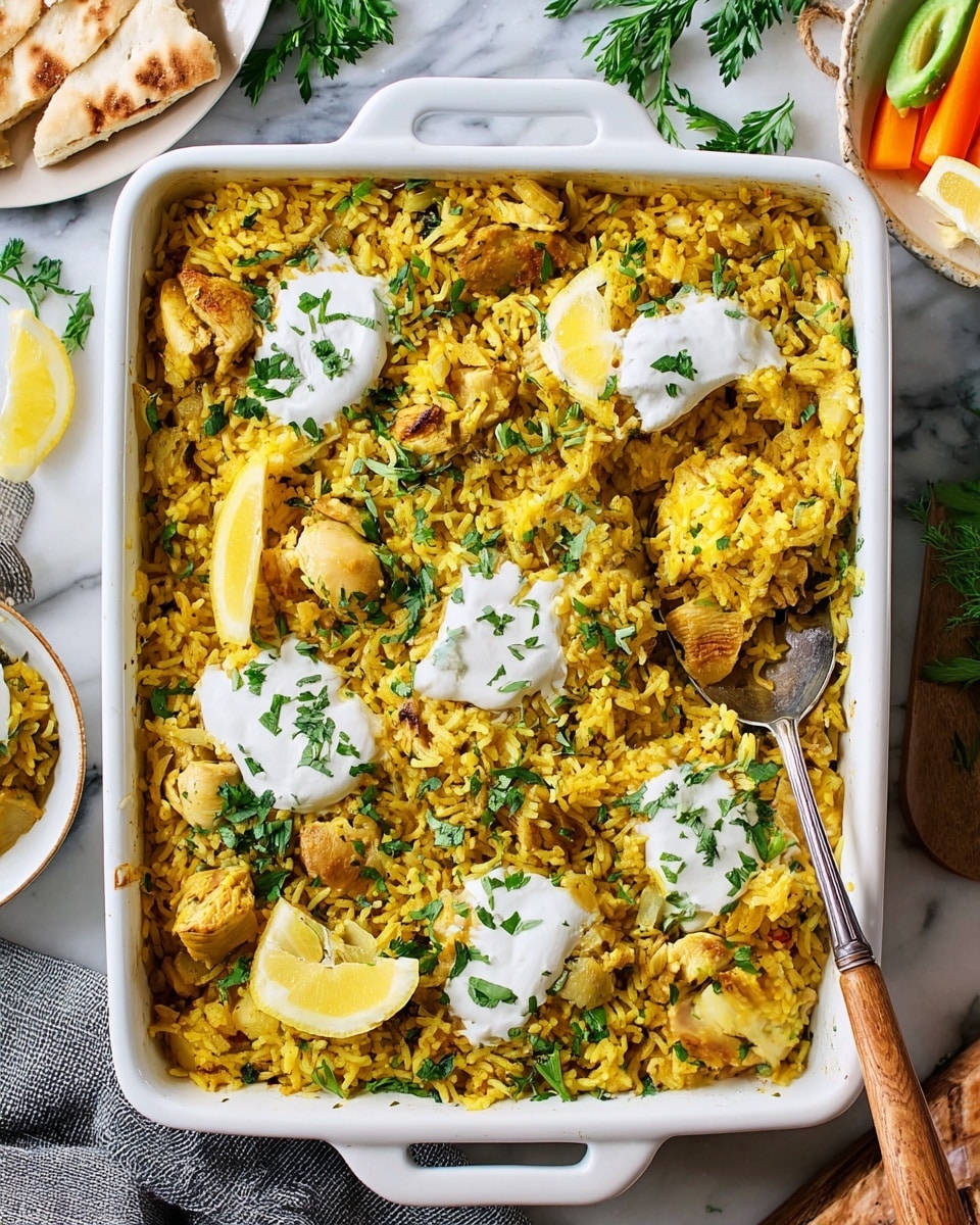 A large white rectangular baking dish full of yellow rice mixed with small pieces of cooked chicken and green herbs. On top, there are four dollops of white creamy sauce sprinkled with green parsley, each near small wedges of bright yellow lemon. A spoon with a wooden handle is scooping some rice in the middle of the dish. The background shows a white marbled surface with scattered fresh herbs, a white plate with pita bread, and a bowl of sliced veggies. Photo taken with an iphone --ar 4:5 --v 7