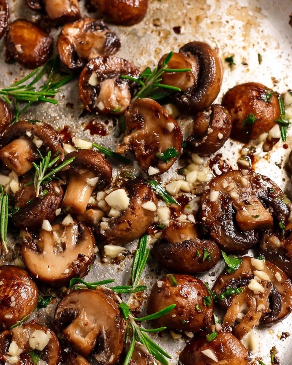 The image shows a close-up of cooked brown mushroom pieces, scattered unevenly on a pan. The mushrooms have a shiny, browned surface with slight charring. Small white bits of chopped garlic and green rosemary sprigs are spread over the mushrooms, adding texture and color contrast. The surface beneath is a white marbled texture with some browned residue from cooking. The photo taken with an iphone --ar 4:5 --v 7