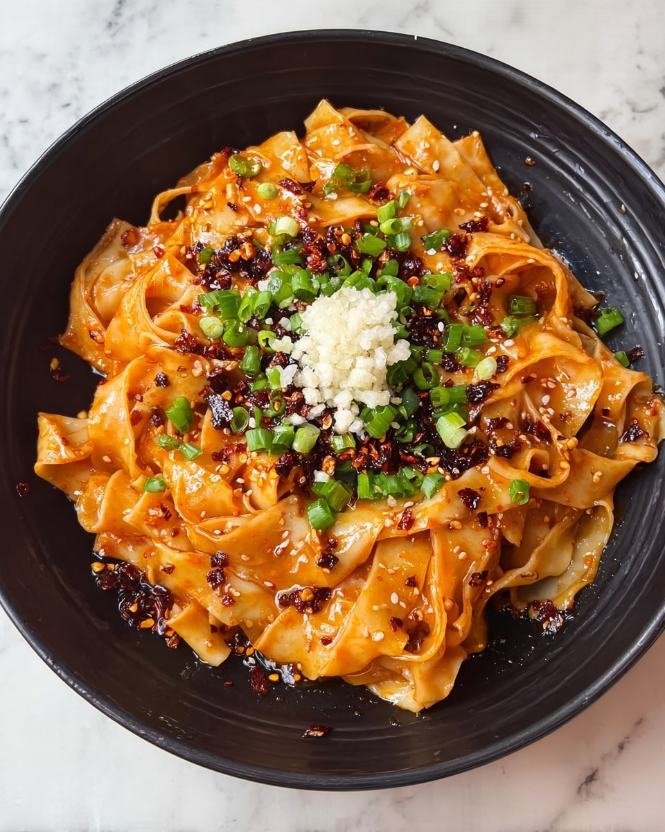 A black bowl holds a pile of wide, flat noodles coated in a shiny, oily orange-red sauce. The noodles form several soft, folded layers with a slightly glossy texture. On top, there is a mound of finely chopped white garlic pieces in the center, surrounded by a ring of bright green chopped scallions and small dark brown chili flakes scattered around the noodles. The sauce pools slightly at the bottom, mixed with bits of crushed peanuts and sesame seeds. The bowl sits on a white marbled surface. photo taken with an iphone --ar 4:5 --v 7