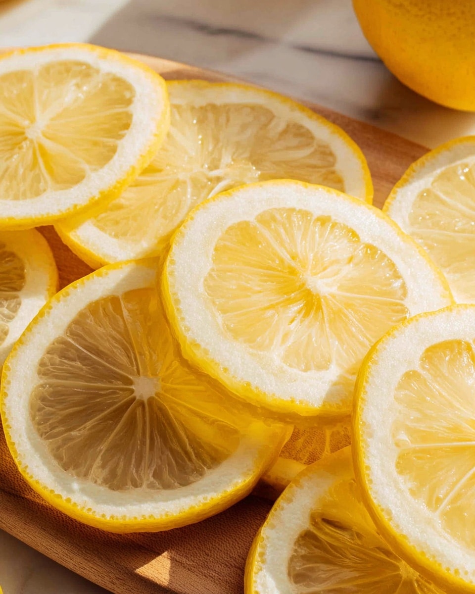 Several thin lemon slices are arranged overlapping on a wooden board, showing their bright yellow rinds and pale yellow insides with visible segments. The image background is a white marbled surface with a whole lemon partially in view to the right. The lemon slices are closely packed, creating a layered effect with light shining through the juicy textures. Photo taken with an iphone --ar 4:5 --v 7