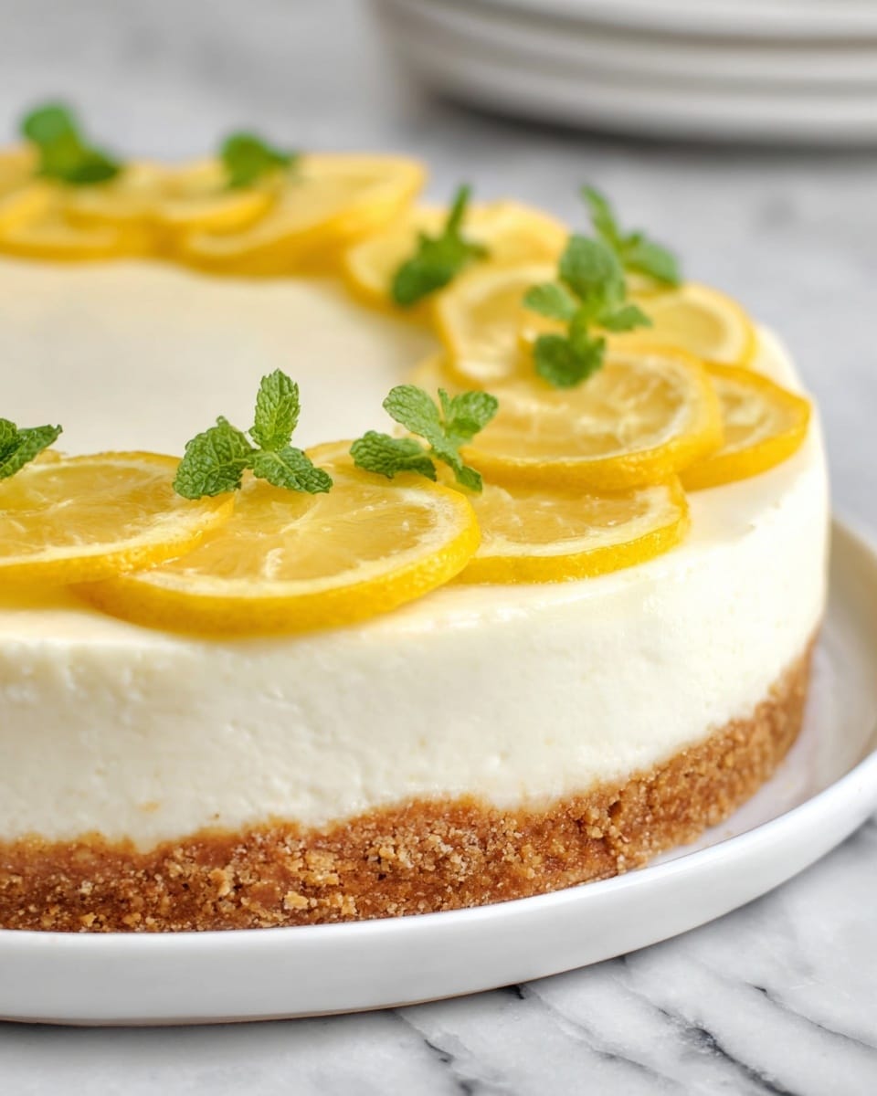 A three-layer lemon cheesecake on a white plate is shown with a white marbled surface underneath. The bottom layer is a thick, dense, crumbly light brown crust. The middle layer is smooth, creamy white cheesecake filling with a clean, even edge. The top layer is decorated with thin, translucent slices of bright yellow lemon arranged in a loose circle along the edge, accented with small fresh green mint leaves in between the lemon slices. The photo is taken close-up to show the texture of the crust and the glossy lemon slices. photo taken with an iphone --ar 4:5 --v 7