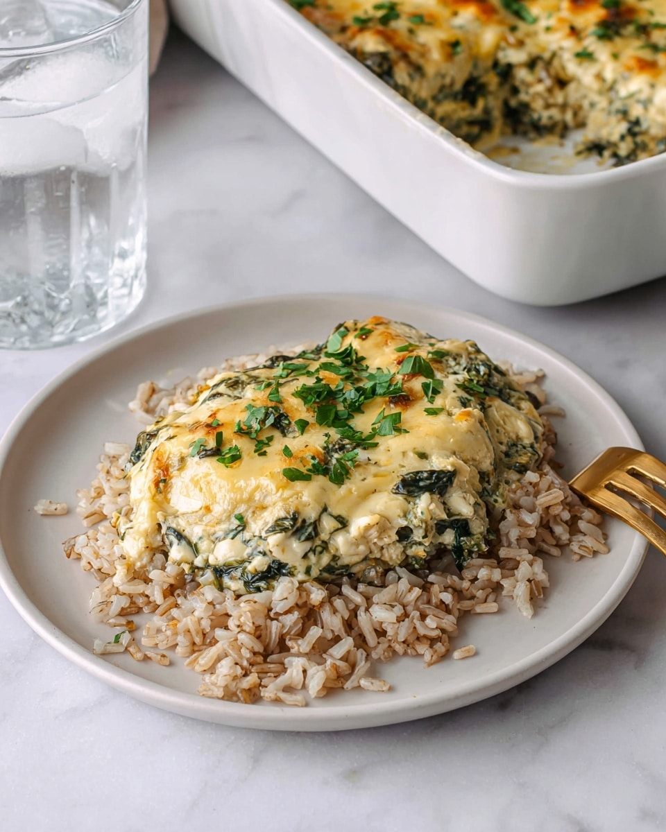 A white plate on a white marbled surface holds a serving of brown rice as the bottom layer, topped with a creamy, golden-brown baked dish that looks soft and slightly browned on top, mixed with visible green herbs or spinach throughout. There is a sprinkle of fresh chopped green herbs on the top for garnish. To the side of the plate, there is a gold fork resting partly on the rice. In the background, a white baking dish with more of the baked dish can be seen, along with a glass of cold water filled with ice. photo taken with an iphone --ar 4:5 --v 7