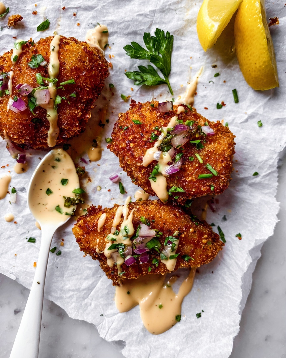 Pretzel Crusted Chicken with Cheddar-Mustard Sauce Recipe 5 The image shows three crispy fried pieces with a golden brown crunchy texture, placed on crumpled white paper over a white marbled surface. Each piece is drizzled lightly with a creamy light beige sauce, with small bits of chopped fresh green herbs and finely diced purple onions scattered on top. A sprig of fresh green parsley sits near the center piece, and a lemon wedge is positioned at the top right corner. Below the pieces, a small white spoon rests on the paper, holding and dripping the same creamy sauce. photo taken with an iphone --ar 4:5 --v 7