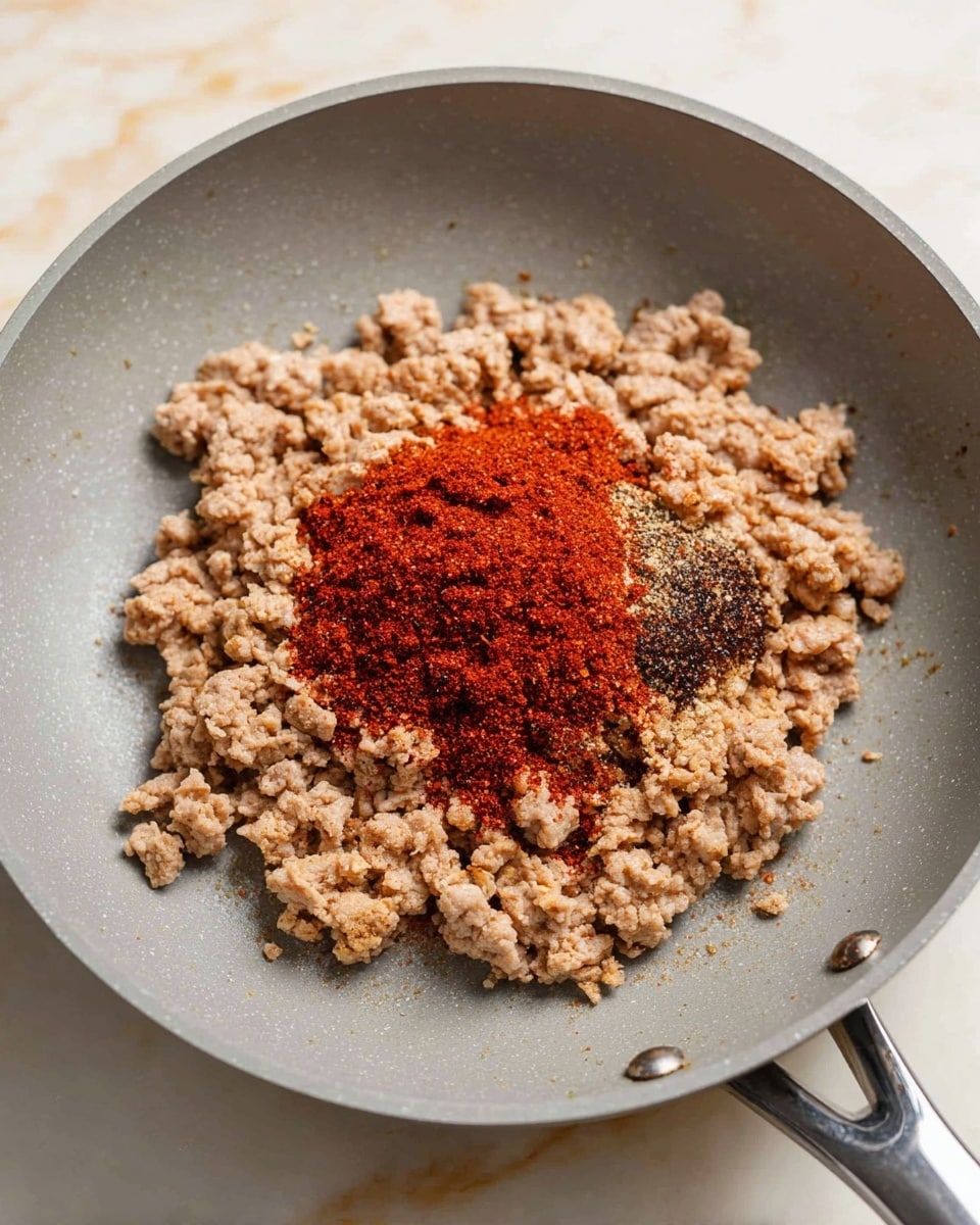 The image shows a close-up of cooked ground meat in a gray pan placed on a white marbled surface. The meat forms a rough base layer of uneven, chunky bits in pale brown color. On top, in the middle, there is a small mound of deep red chili powder mixed with some darker spices, creating a textured, slightly coarse layer. The pan's shiny silver handle is visible at the bottom right corner. The photo taken with an iphone --ar 4:5 --v 7