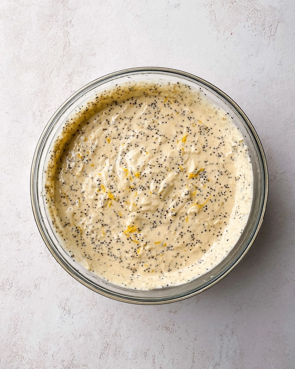 A clear glass bowl filled with a creamy beige batter mixed with many small black poppy seeds evenly spread throughout, with some tiny bits of yellow zest visible, placed on a white marbled textured surface. The batter has a smooth, slightly thick texture with some small lumps. Photo taken with an iphone --ar 4:5 --v 7