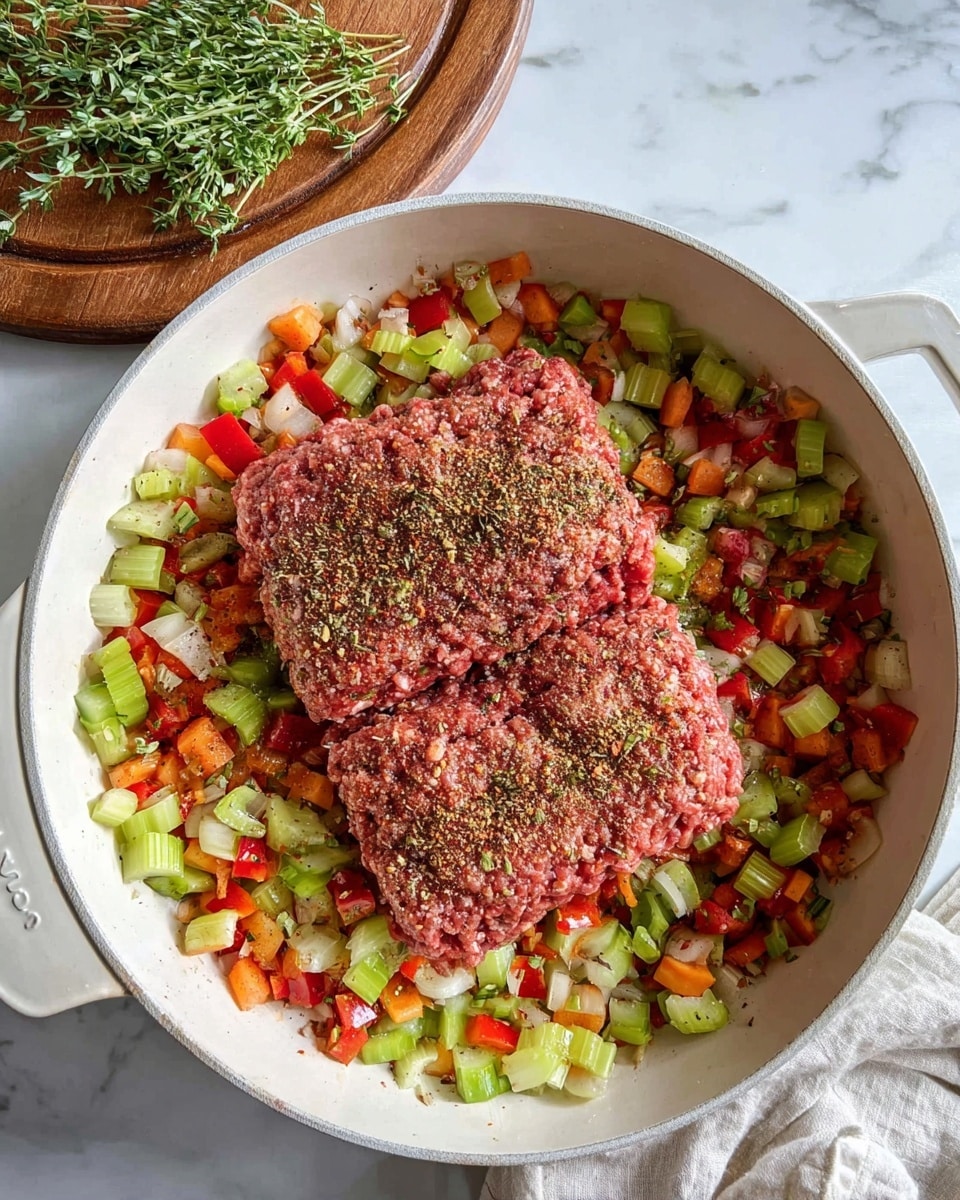 A white pan holds a mix of chopped green and red bell peppers, celery, and onions spread evenly at the bottom, creating a colorful base of green, red, and white pieces. On top of the vegetables, two thick, square layers of raw ground meat are placed in the center, sprinkled with a dark blend of spices. The pan is set on a white marbled surface with a round wooden board and some fresh green herbs in the top left corner. photo taken with an iphone --ar 4:5 --v 7