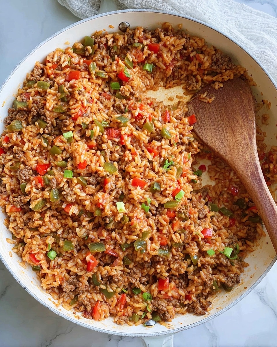 A white skillet filled with cooked rice mixed with browned ground meat and diced red and green bell peppers, showing a textured, mixed layer of orange-brown rice with scattered colorful vegetable pieces, and a wooden spoon resting inside the skillet stirring the food, placed on a white marbled surface. photo taken with an iphone --ar 4:5 --v 7