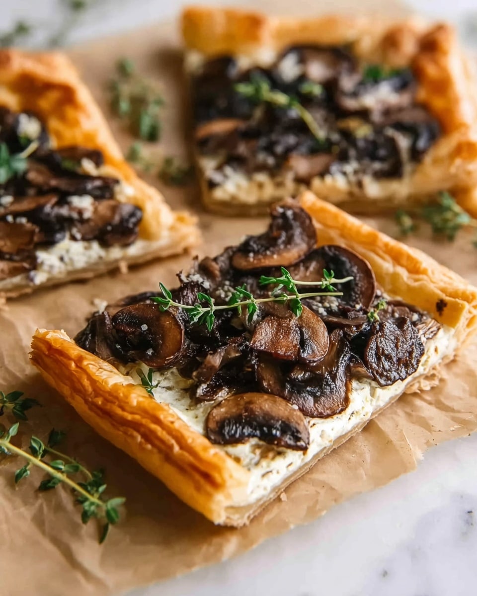 The image shows a close-up of a slice of tart on parchment paper, with two other slices partly visible. The tart has a golden, flaky puff pastry crust that frames the topping. The topping consists of a creamy, white cheese layer spread evenly on the pastry, covered by a layer of sautéed, dark brown mushrooms with a soft texture. On top of the mushrooms, there are small green fresh herb sprigs placed as decoration. The background is a white marbled surface. The lighting is soft and warm, highlighting the glossy, cooked mushrooms and the golden crust, photo taken with an iphone --ar 4:5 --v 7