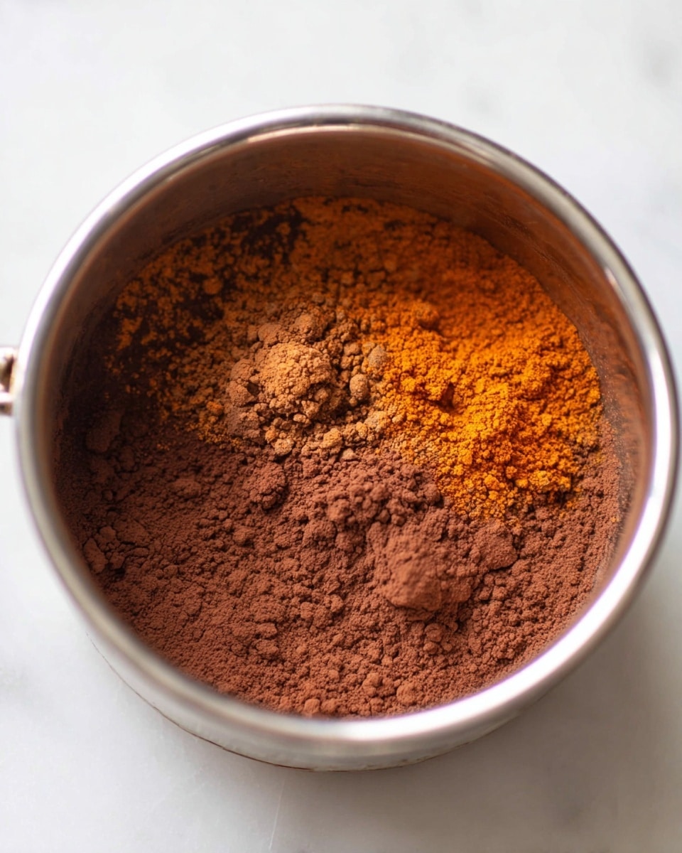A close-up view of a shiny metal bowl filled with three layers of dry powders. The bottom layer is a fine dark brown cocoa powder covering the base evenly. On top of this, there are scattered small mounds of a lighter brown powder with a slightly rough texture, mixed with small patches of a bright orange powder spread mostly in the middle area. These powders vary in small clumps and fine dust, showing a mix of colors from deep brown to light brown and orange. The bowl sits on a white marbled surface with soft lighting highlighting the textures inside the bowl. photo taken with an iphone --ar 4:5 --v 7