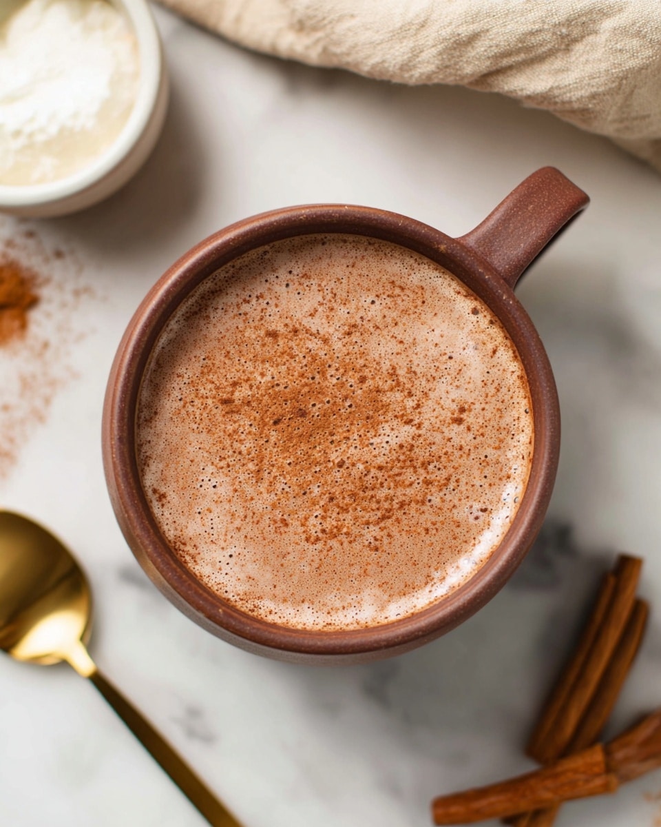 A top view of a brown cup filled with light brown hot chocolate sprinkled with fine cinnamon powder on top, sitting on a white marbled surface. Around the cup, there is a golden spoon on the left, a small white bowl with cream below the cup, and some cinnamon sticks to the right. The background includes a beige cloth at the top part of the image. photo taken with an iphone --ar 4:5 --v 7