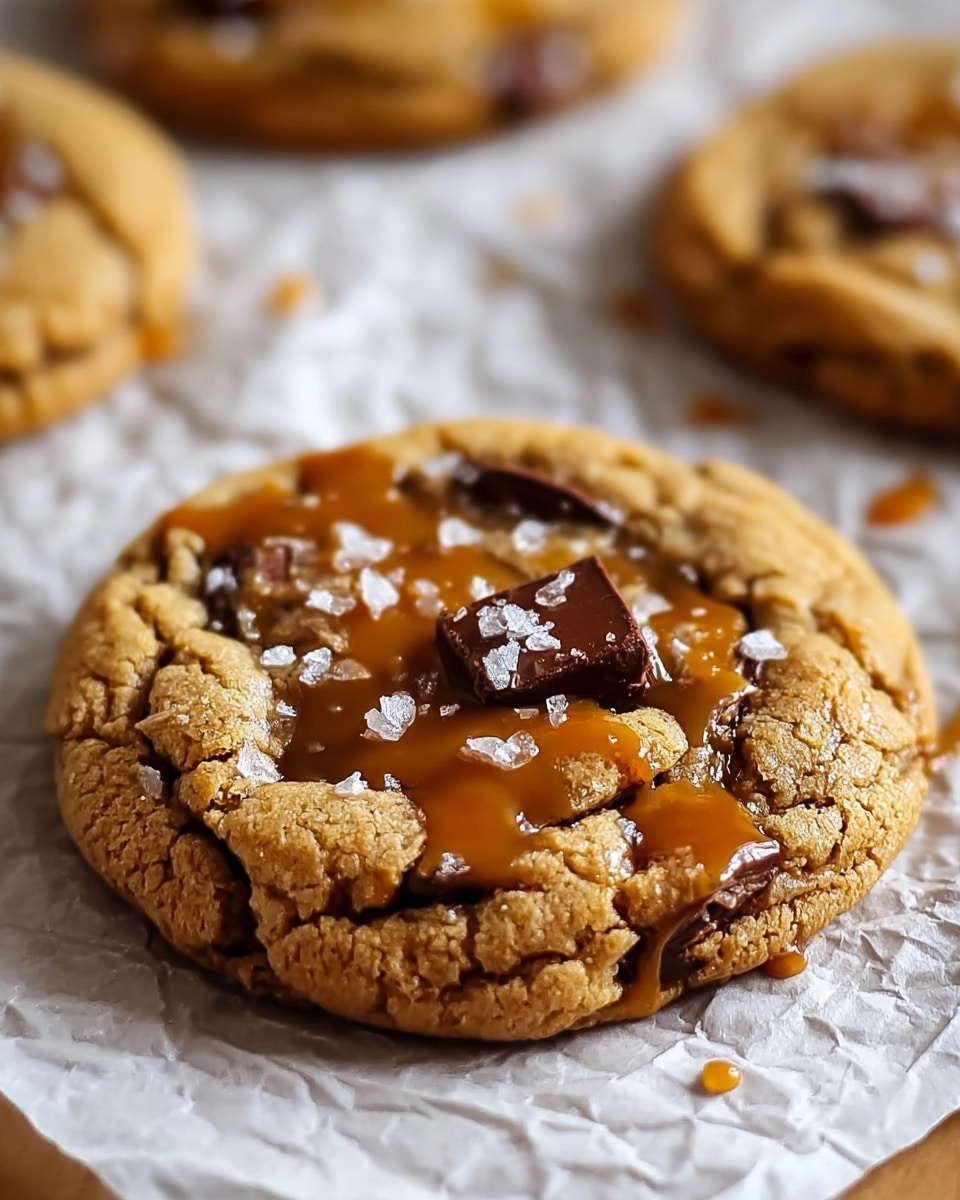 A single cookie is placed on crinkled white parchment paper resting on a white marbled surface. The cookie has one thick, round layer with a golden-brown color and a rough, cracked texture showing some deeper cracks around the edges. Dark brown chocolate chunks are embedded in the cookie, popping out on the surface at different spots. Pools of shiny, sticky caramel spread unevenly inside the cookie, creating glossy amber pockets. White sea salt flakes are sprinkled over the top, adding small bright spots and texture contrast. The background shows blurred shapes of more cookies. photo taken with an iphone --ar 4:5 --v 7