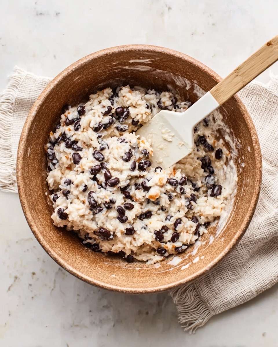 A close-up top view of a light brown ceramic bowl filled with a creamy mixture of white rice and black beans, with some small orange bits mixed in, showing a soft and slightly sticky texture. Inside the bowl, a white spatula with a pale wooden handle rests, partially dipped into the rice and beans mix. The bowl sits on a white marbled surface with a beige and white soft cloth partly underneath it. Photo taken with an iphone --ar 4:5 --v 7