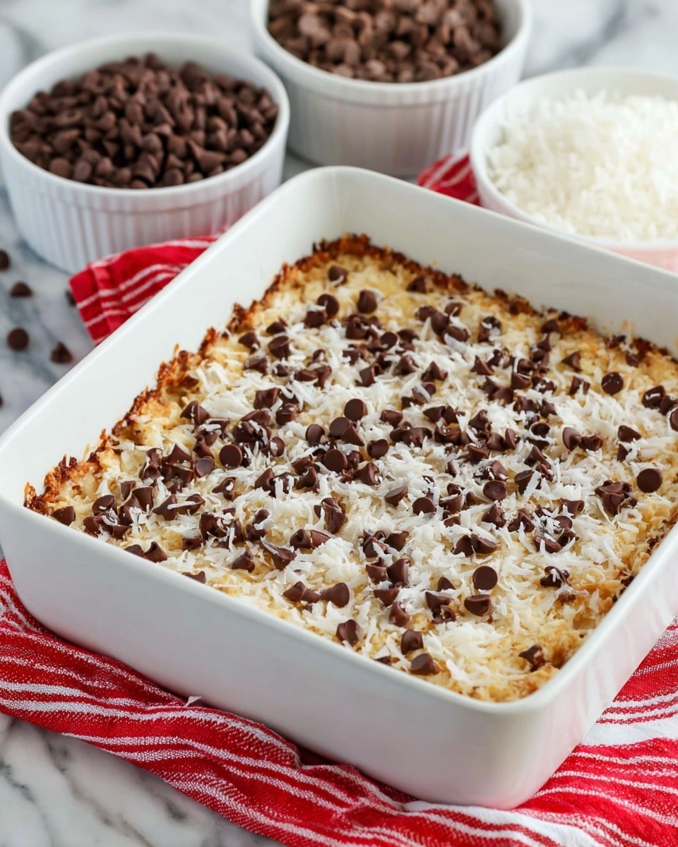 A square white baking dish holds a dessert bar with two main layers; the bottom layer is a firm golden crust with edges that are darker brown and crispy, and the top layer is a mixture of creamy white and light brown toasted shredded coconut with dark brown chocolate chips scattered evenly across the surface. In the background, two white bowls filled with more chocolate chips and shredded coconut rest on a red and white striped cloth on a white marbled surface. photo taken with an iphone --ar 4:5 --v 7