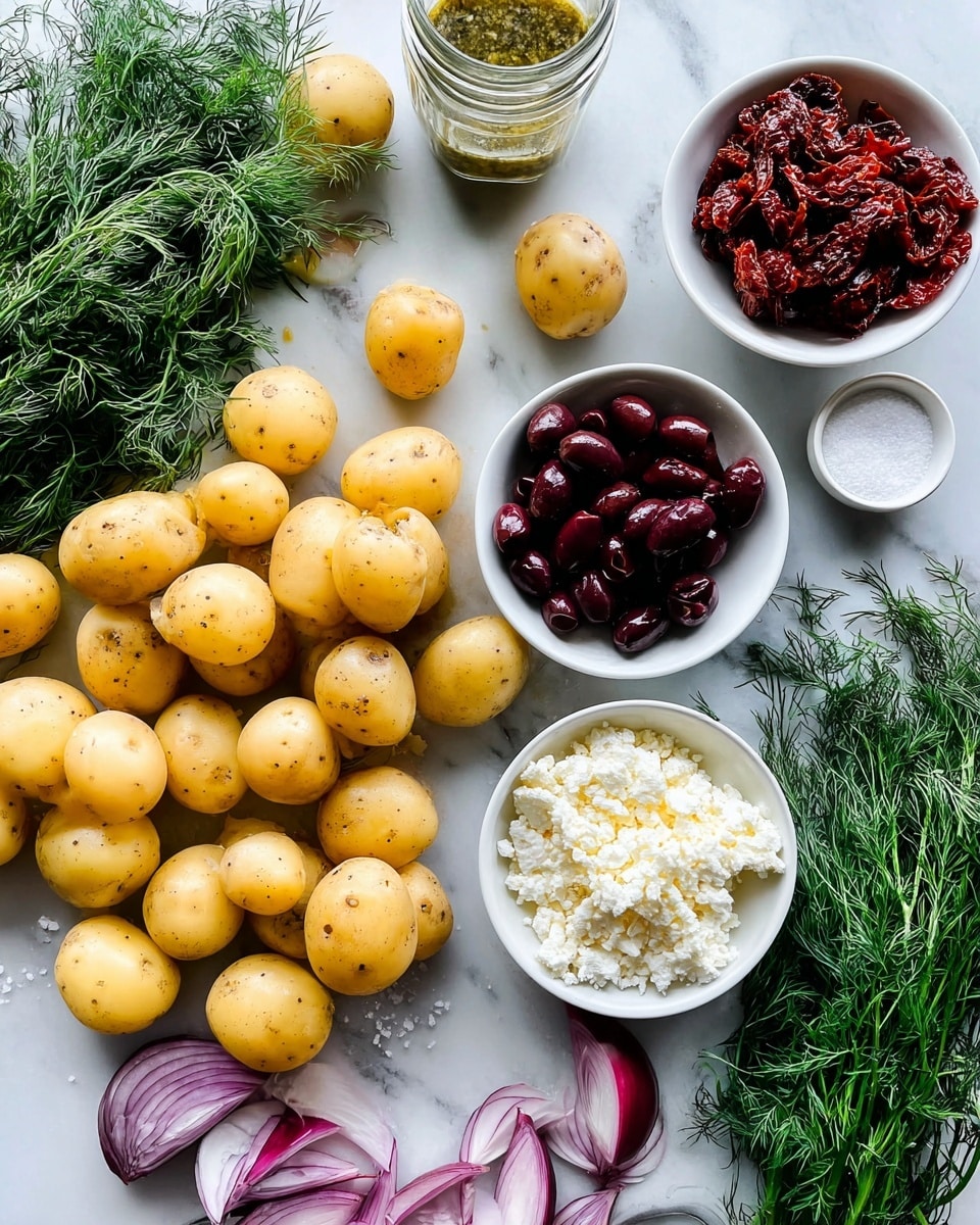 The image shows many small yellow potatoes spread out on a white marbled surface, surrounded by fresh green dill bunches. There are thin slices of red onion laid out in a curved pile near the potatoes. Three white bowls hold different ingredients: one bowl has dark red olives, another is filled with white crumbled cheese, and the third bowl contains deep red sun-dried tomatoes. A clear glass jar with a greenish herb dressing sits near the top, and a small white bowl of salt is also present. The colors are bright with natural lighting. Photo taken with an iphone --ar 4:5 --v 7