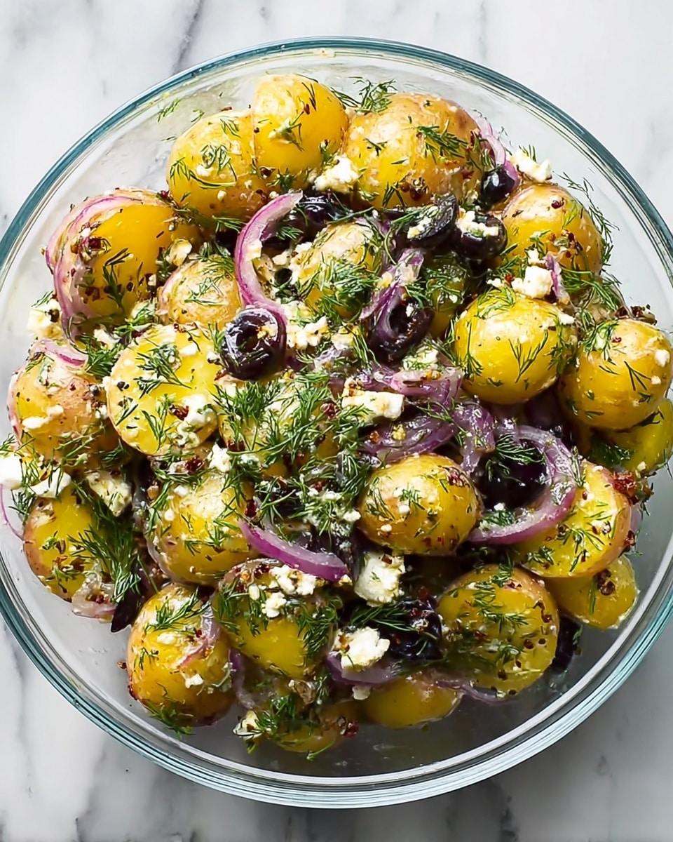 A clear glass bowl holds a potato salad with small whole and halved yellow potatoes as the base layer, mixed evenly with thin slices of purple onion. Scattered throughout are small white crumbles of cheese and chopped dark olives. Fresh green dill sprigs and finely chopped herbs are spread on top, adding brightness and texture. The salad has a light shine from a dressing that coats all ingredients. The bowl sits on a white marbled surface. photo taken with an iphone --ar 4:5 --v 7