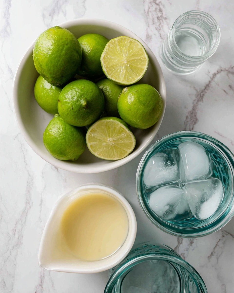 A white bowl filled with several green limes, some whole and some cut into halves showing light green juice and pulp inside, sits on a white marbled surface. Next to the bowl are two clear glass jars, one filled with ice cubes and the other empty but reflecting slight blue-green shades. There is also a small white jug filled with a smooth, pale yellow liquid near the limes and jars, creating a simple and fresh arrangement. photo taken with an iphone --ar 4:5 --v 7