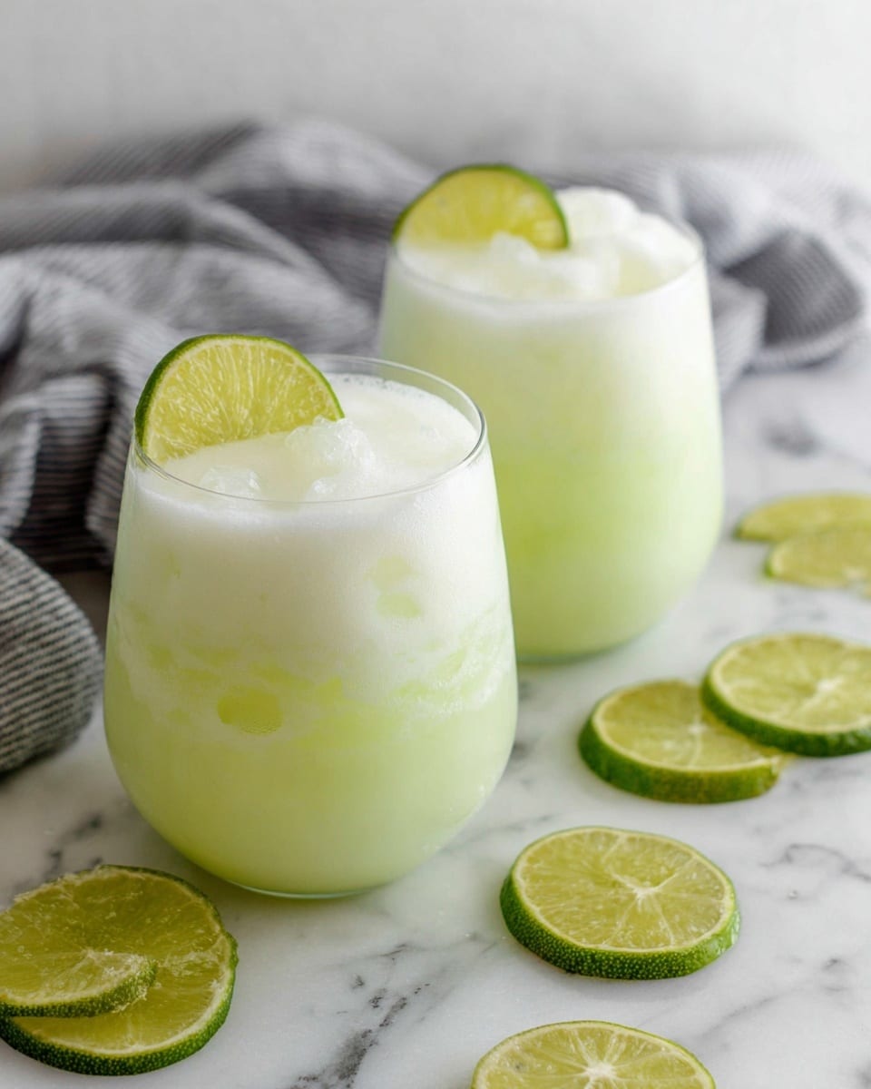 Two short, rounded glasses filled with a pale green drink with ice cubes inside. Each glass has a layer of light frothy foam on top. A thin, bright green lime slice is placed on the rim of each glass. The glasses are set on a white marbled surface with several lime slices scattered around. In the background, there is a soft gray and white striped cloth. Photo taken with an iphone --ar 4:5 --v 7