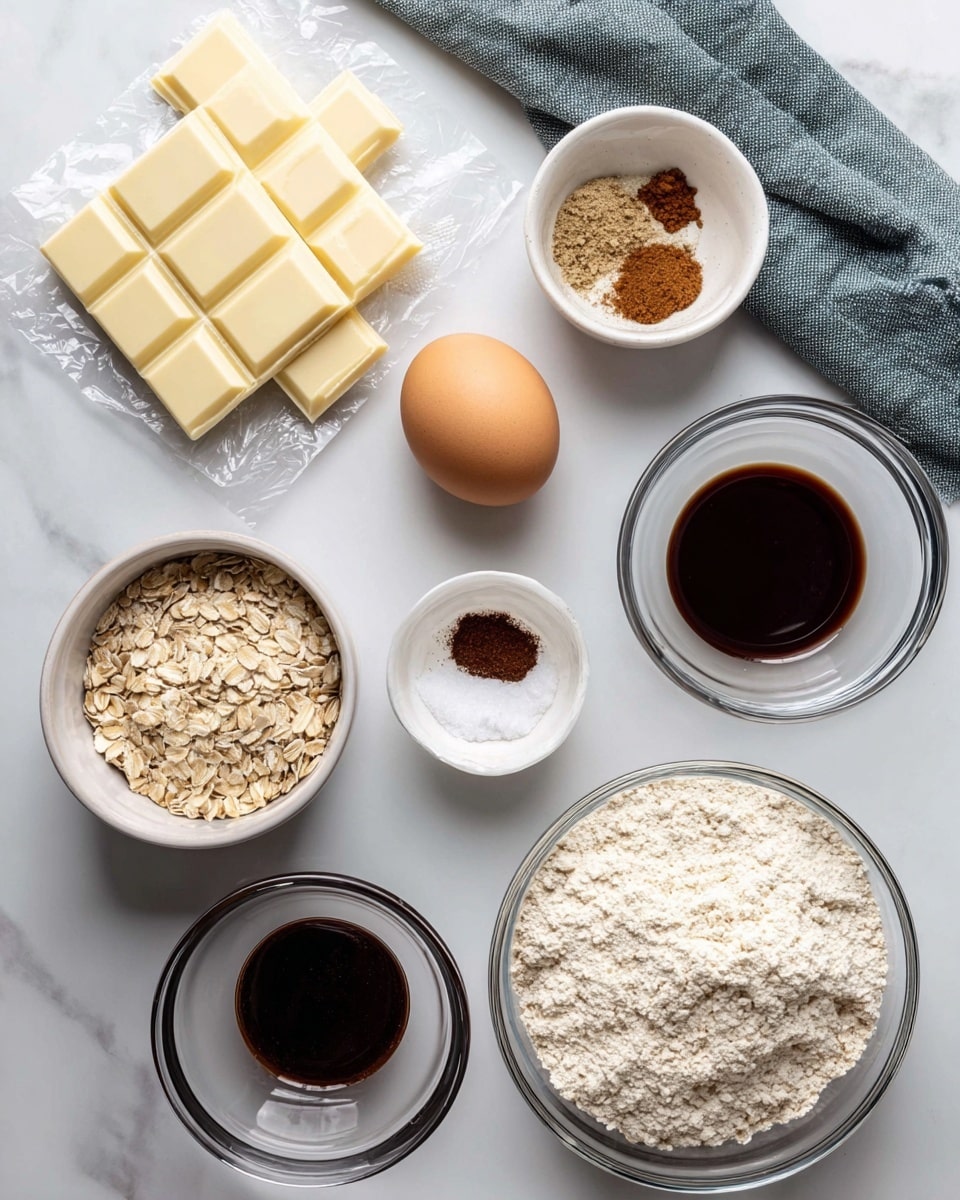 The image shows ingredients for baking laid out on a white marbled surface. In the top left corner, there is white chocolate broken into large square pieces on a wrapped foil. Above the center is a stick of yellow butter. To the right of the butter is a small white bowl with a mix of brown and beige spices. An egg is placed in the center right area. Below the egg is a small white bowl with white salt. Below that is a small clear bowl with dark brown espresso powder. In the bottom middle is a clear container filled with light brown and beige oats. At the bottom left is a clear bowl with a mix of white and brown sugars. Near the center left is a glass bowl filled with dark molasses. Finally, in the center is a white bowl filled with white flour mixed with baking soda. A gray cloth is on the top right edge, partially visible. Photo taken with an iphone --ar 4:5 --v 7