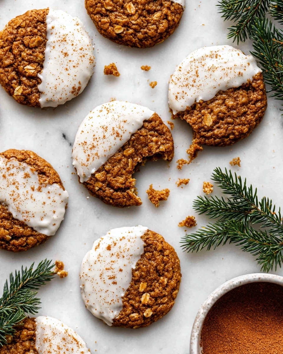 The image shows several round oatmeal cookies with a rough, textured surface in a golden brown color. Each cookie is half coated with a thick white icing that has a slightly uneven, creamy texture, sprinkled lightly with a reddish-brown powder. The cookies are spread out on a white marbled surface and small crumbs are scattered around them. A few cookies have bites taken out, revealing the chewy inside with visible oats. There are sprigs of green pine needles placed decoratively along the edges, adding a fresh, natural touch. In the bottom right corner, a white bowl with more reddish-brown powder sits partially visible. photo taken with an iphone --ar 4:5 --v 7