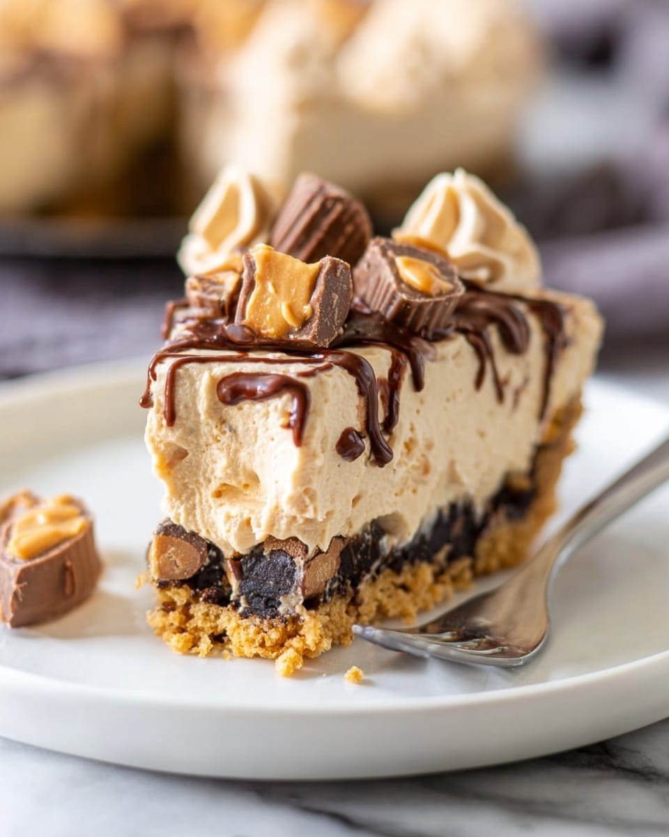A slice of layered peanut butter dessert sits on a white plate with a silver fork beside it. The bottom layer is a crumbly, golden crust, topped by a dark chocolate layer studded with peanut butter cup candies. Above that is a thick, creamy peanut butter mousse layer, light tan in color and smooth in texture, drizzled with chocolate sauce. The top is decorated with halved peanut butter cup pieces and small swirls of peanut butter cream. The background is a white marbled surface, softly blurred to highlight the dessert in the foreground. Photo taken with an iphone --ar 4:5 --v 7