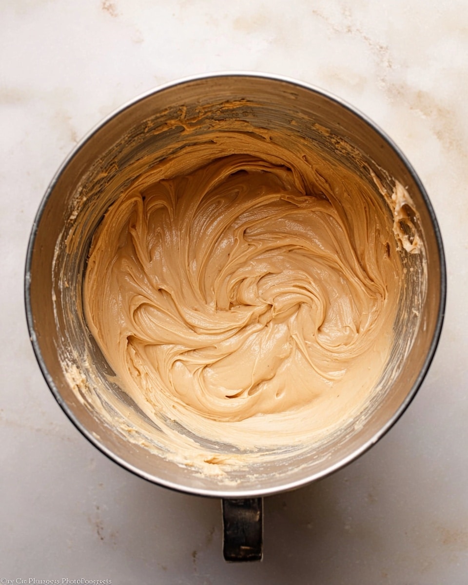 A close-up top view of a metal mixing bowl filled with smooth, creamy light tan batter swirled inside the bowl, showing soft texture and thick consistency with some traces stuck on the sides. The bowl is sitting on a white marbled surface. photo taken with an iphone --ar 4:5 --v 7