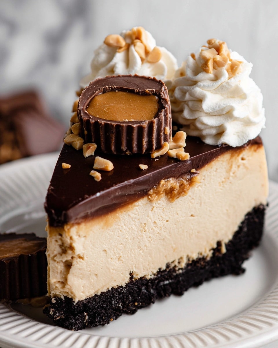 A slice of creamy light brown cheesecake with a dark chocolate crust forms the bottom layer, topped by a smooth and shiny dark chocolate ganache layer. On top of the ganache, there are two white swirls of fluffy cream, decorated with small chopped peanuts. One whole chocolate peanut butter cup and one half chocolate peanut butter cup showing the peanut butter filling sit on the cream. The slice is placed on a white plate with a ridged pattern, and the background is a white marbled texture. Photo taken with an iphone --ar 4:5 --v 7